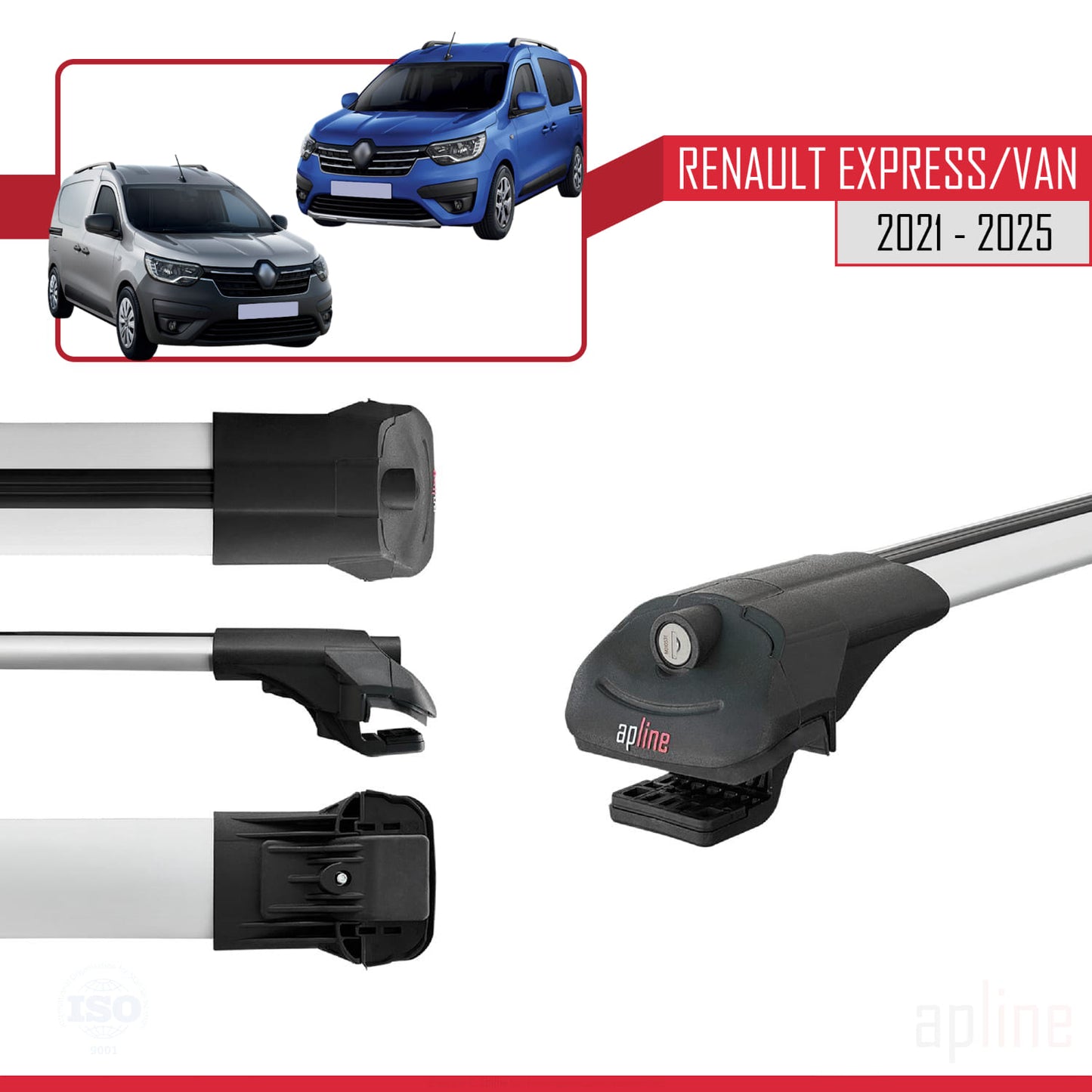 Compatible with Renault Express 2021-2025 ACE-1 Car Roof Rack Cross Bar Grey Aluminium 4 Bars