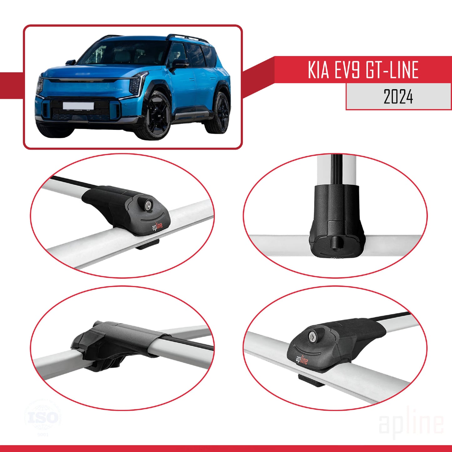 Compatible with KIA EV9 GT-LINE 2024-2025 ACE-1 Car Roof Rack Cross Bar Grey Aluminium 4 Bars