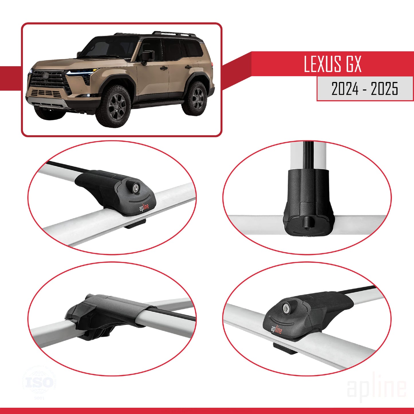 Compatible avec Lexus GX (Overtrail) 2024-2025 ACE-1 Barres de Toit Railing Porte-Bagages de Voiture Gris Aluminium 3 Barres