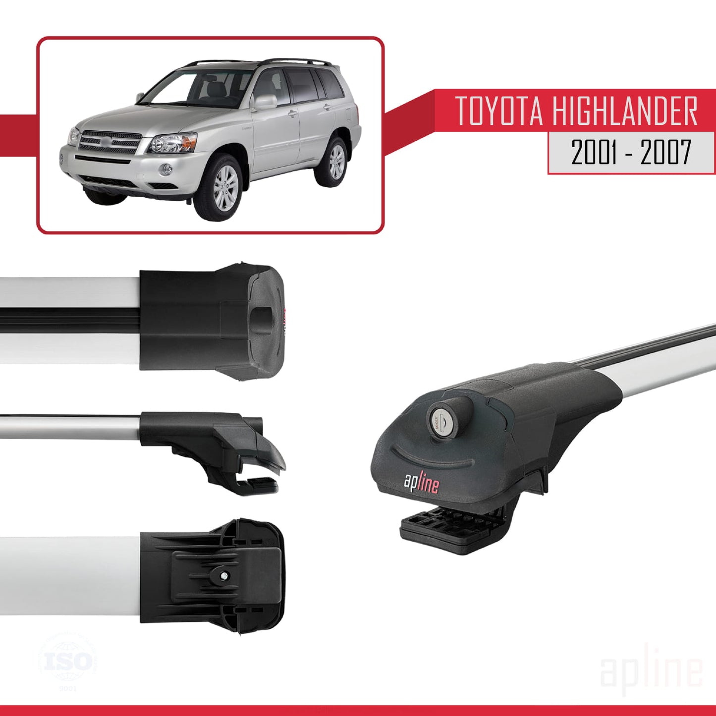 Compatible avec Toyota Highlander 2001-2007 ACE-1 Barres de Toit Railing Porte-Bagages de Voiture Gris Aluminium 2 Barres