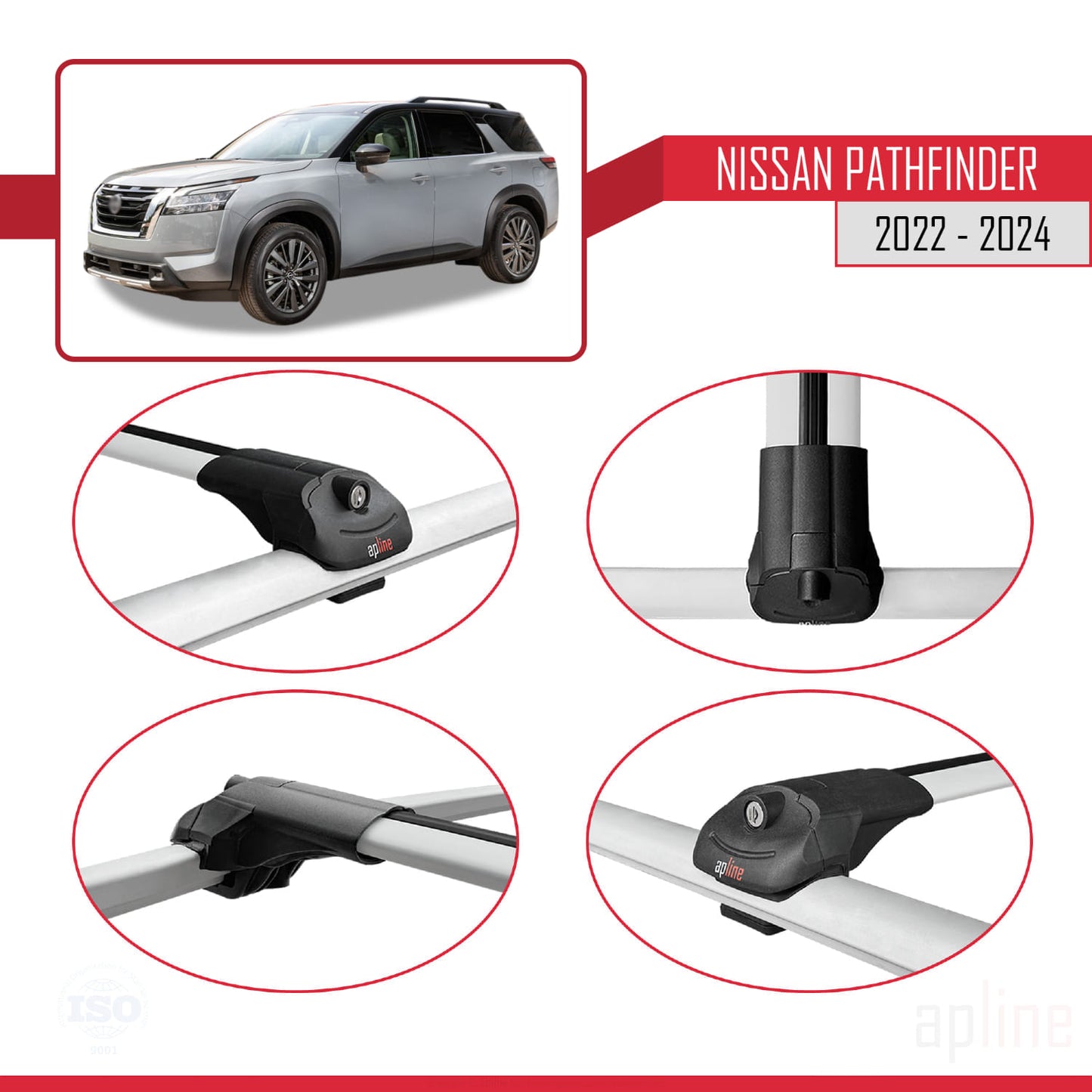 Compatible avec Nissan Pathfinder 2022-2024 ACE-1 Barres de Toit Railing Porte-Bagages de Voiture Gris Aluminium 3 Barres