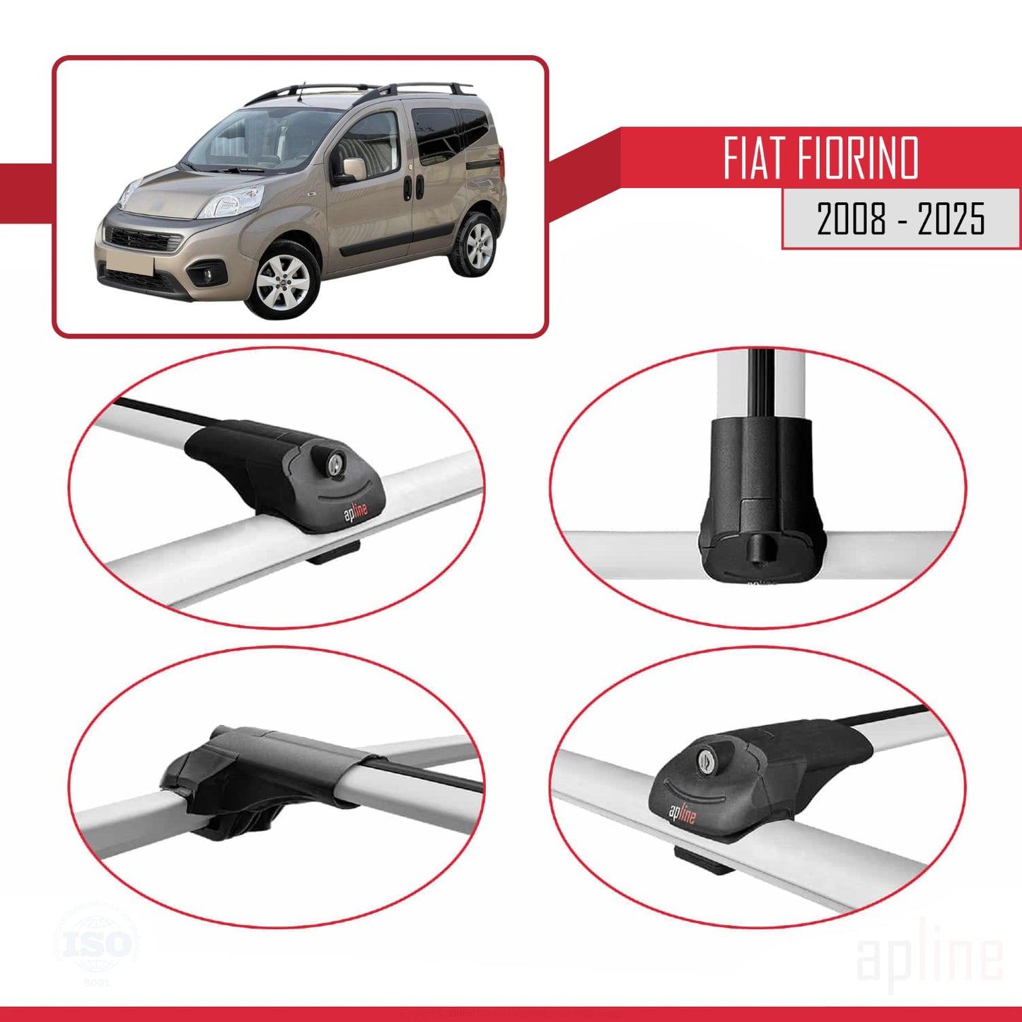 Compatible avec Fiat Fiorino (Modèle Tubulaire) 2008-2025 ACE-1 Barres de Toit Railing Porte-Bagages de Voiture Gris Aluminium 4 Barres