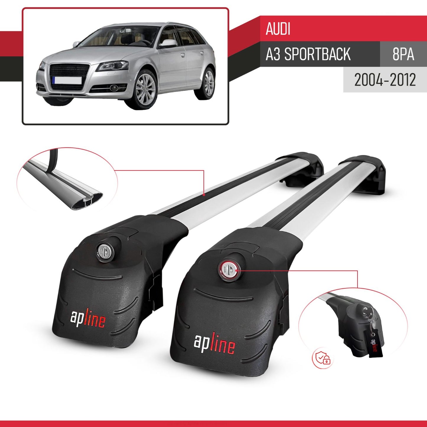 Compatibile con A3 (8PA) Sportback 2004-2012 ACE-2 Barre Tetto Portapacchi Auto Barre Portatutto Grigo Alluminio 2 Barre
