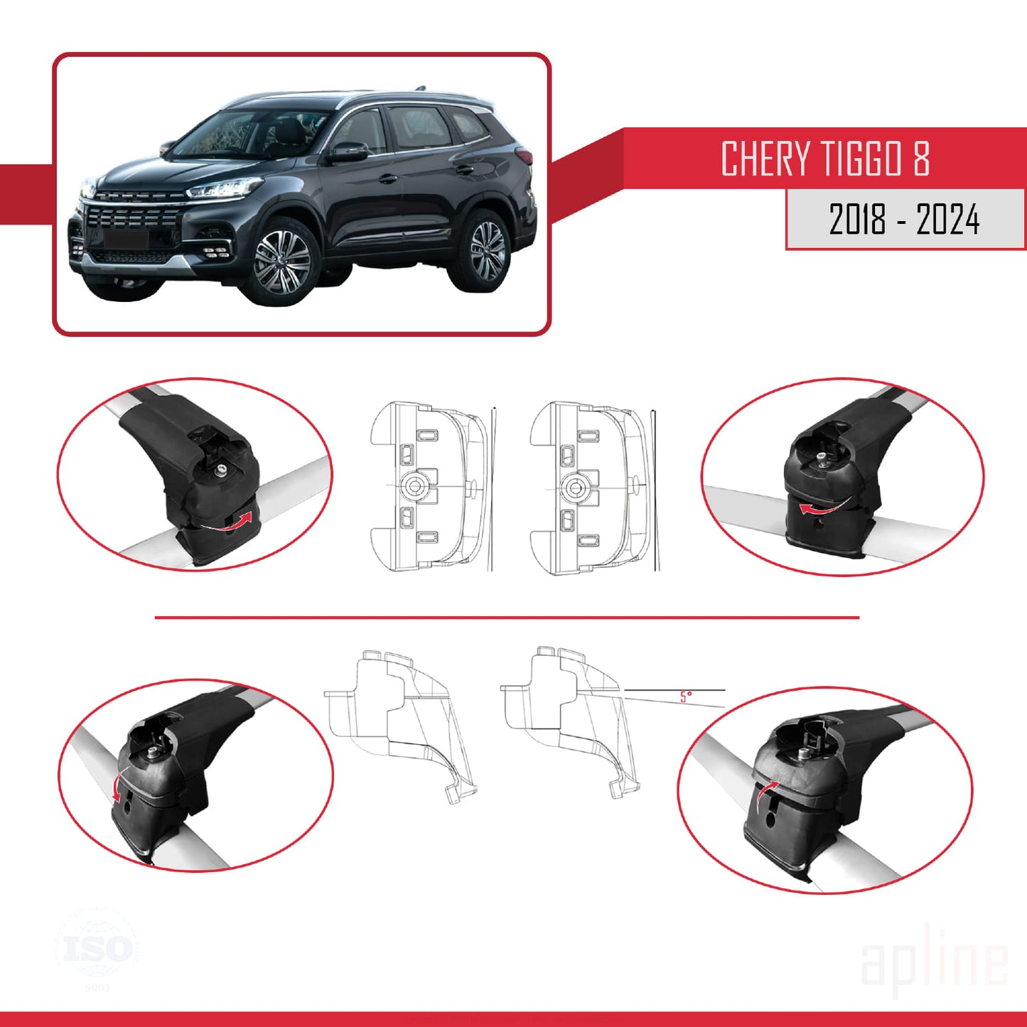 Kompatibel mit Chery Tiggo 8 2018-2024 ACE-2 Dachgepäckträger, Reling, Gepäckträger, graues Aluminium, 2 Stangen