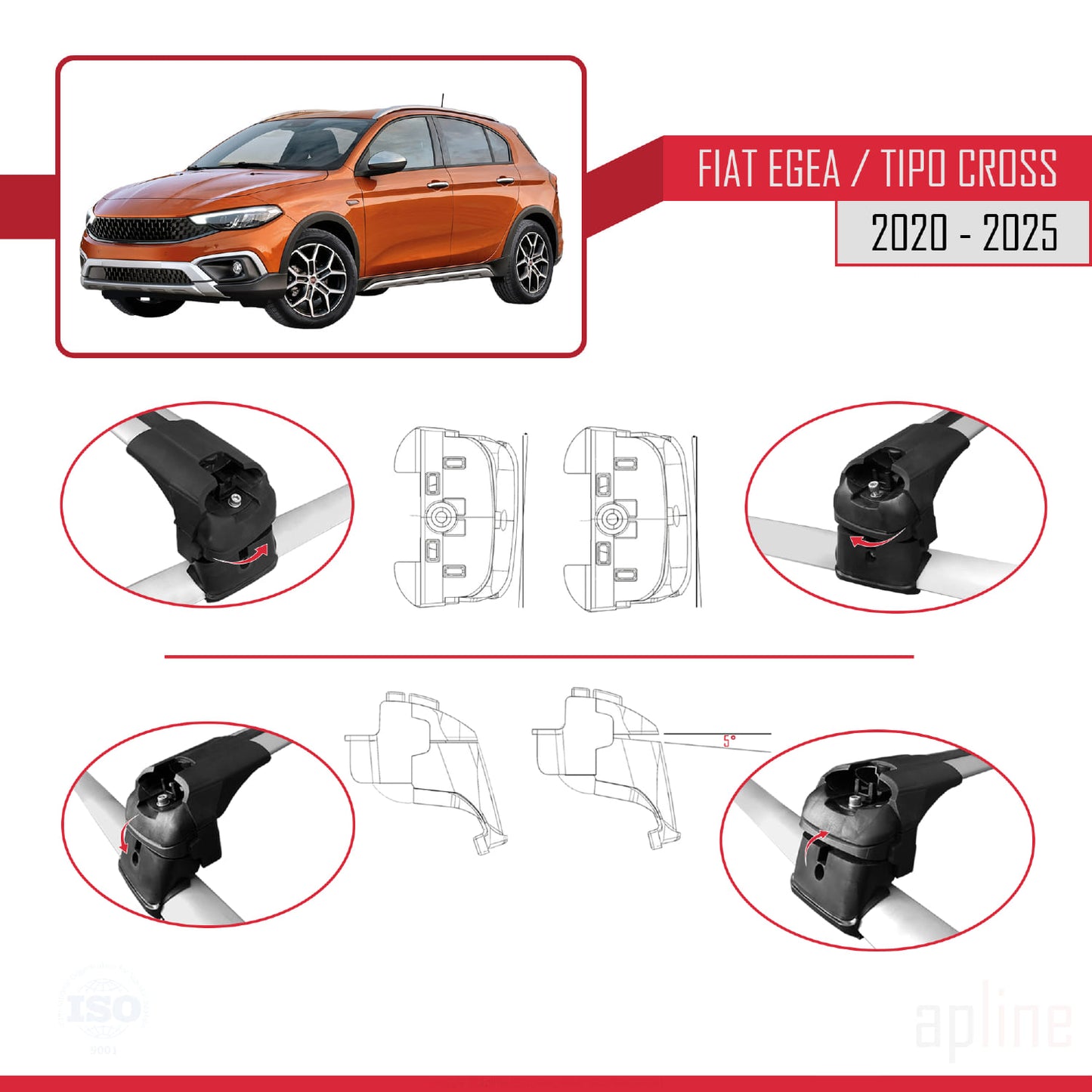 Kompatibel mit Fiat Egea Cross 2020-2025 ACE-2 Dachgepäckträger, Reling, Gepäckträger, graues Aluminium, 2 Stangen