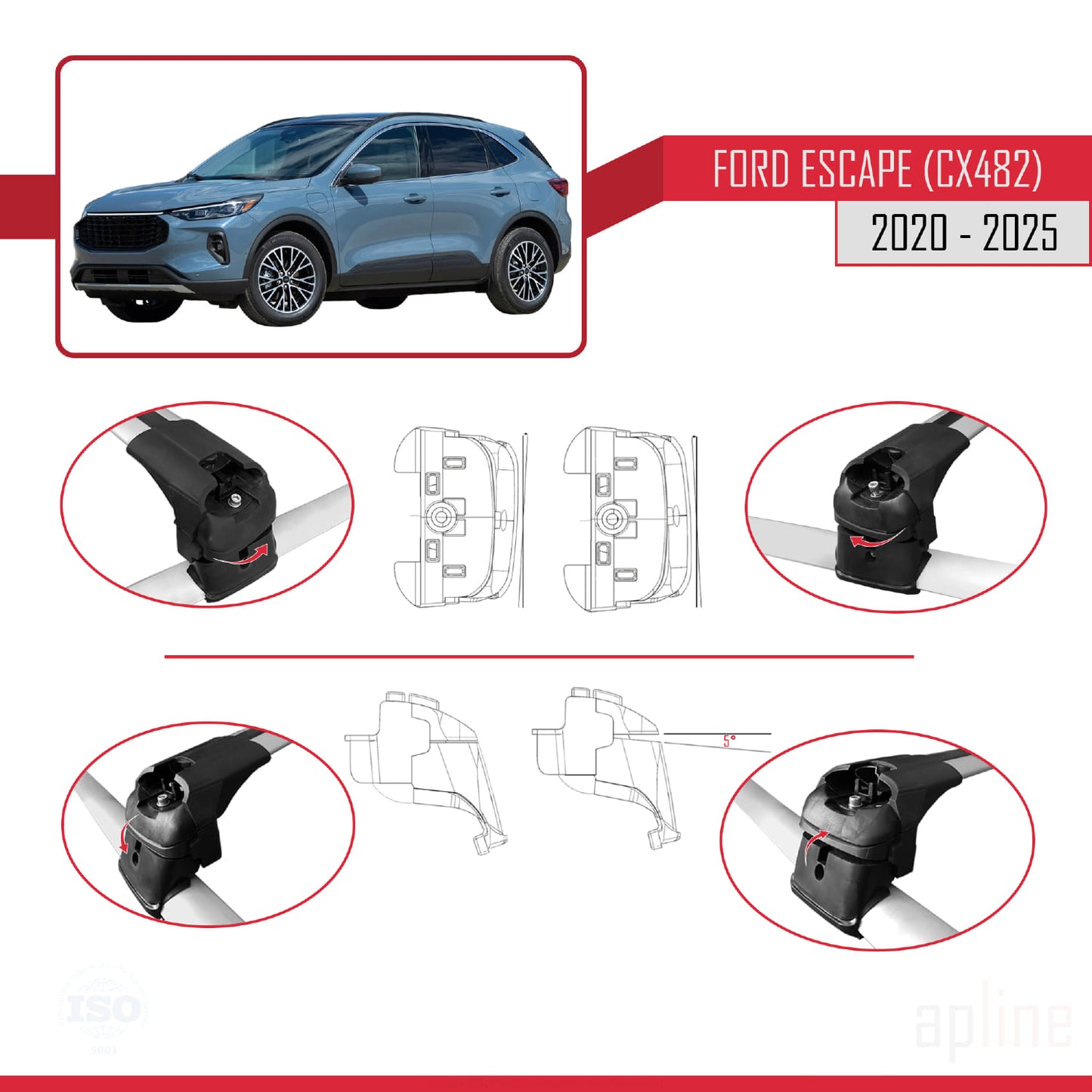 Compatibile con Ford Escape 4 (CX482) 2020-2025 ACE-2 Barre portatutto per auto Portapacchi in alluminio grigio 2 barre
