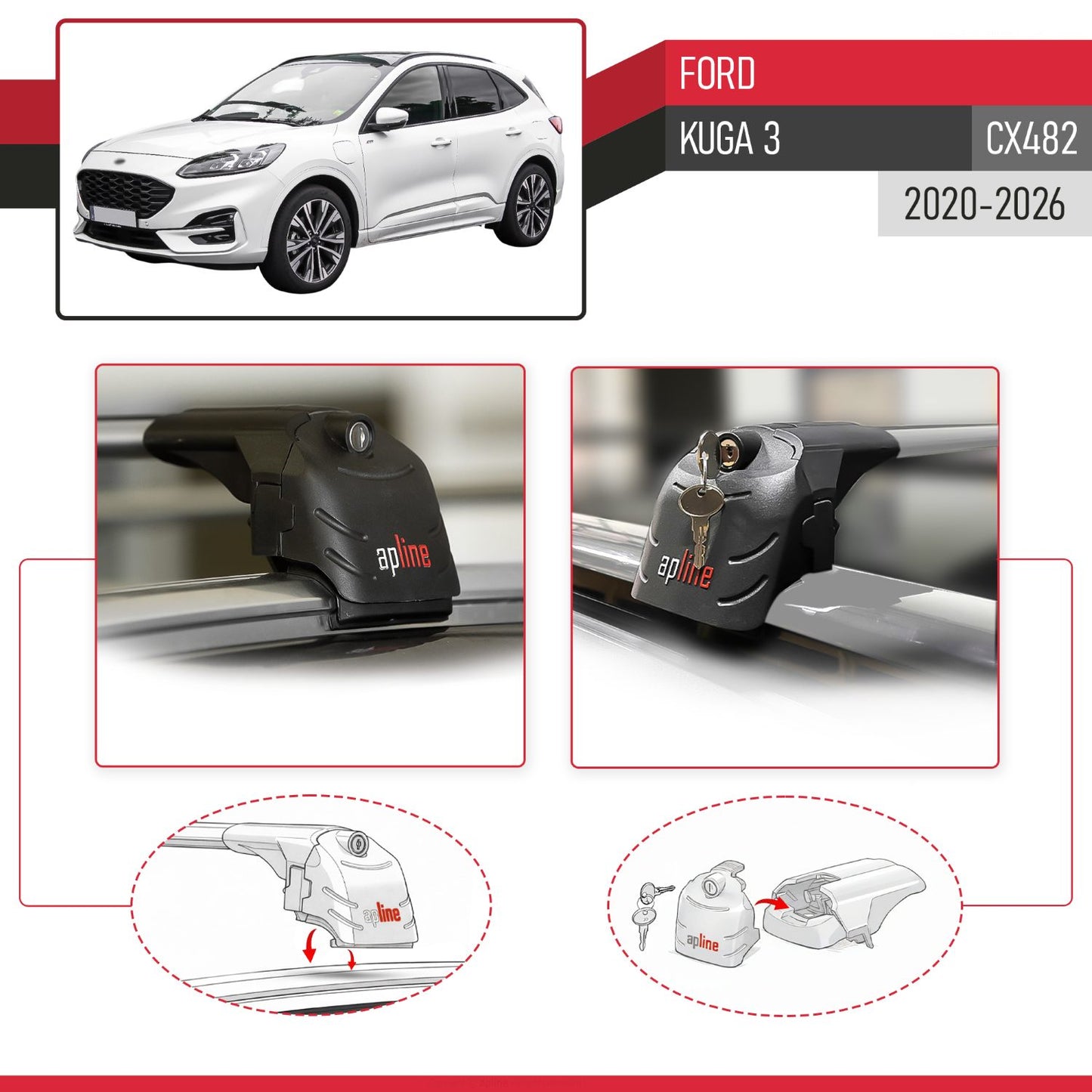 Compatibile con Ford Kuga 3 (CX482) 2020-2025 ACE-2 Barre Tetto Portapacchi Auto Barre Portatutto Grigo Alluminio 2 Barre