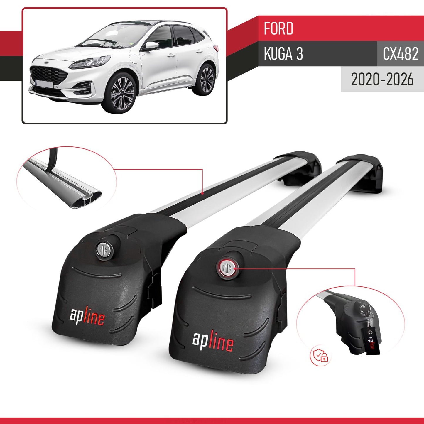 Compatibile con Ford Kuga 3 (CX482) 2020-2025 ACE-2 Barre Tetto Portapacchi Auto Barre Portatutto Grigo Alluminio 2 Barre