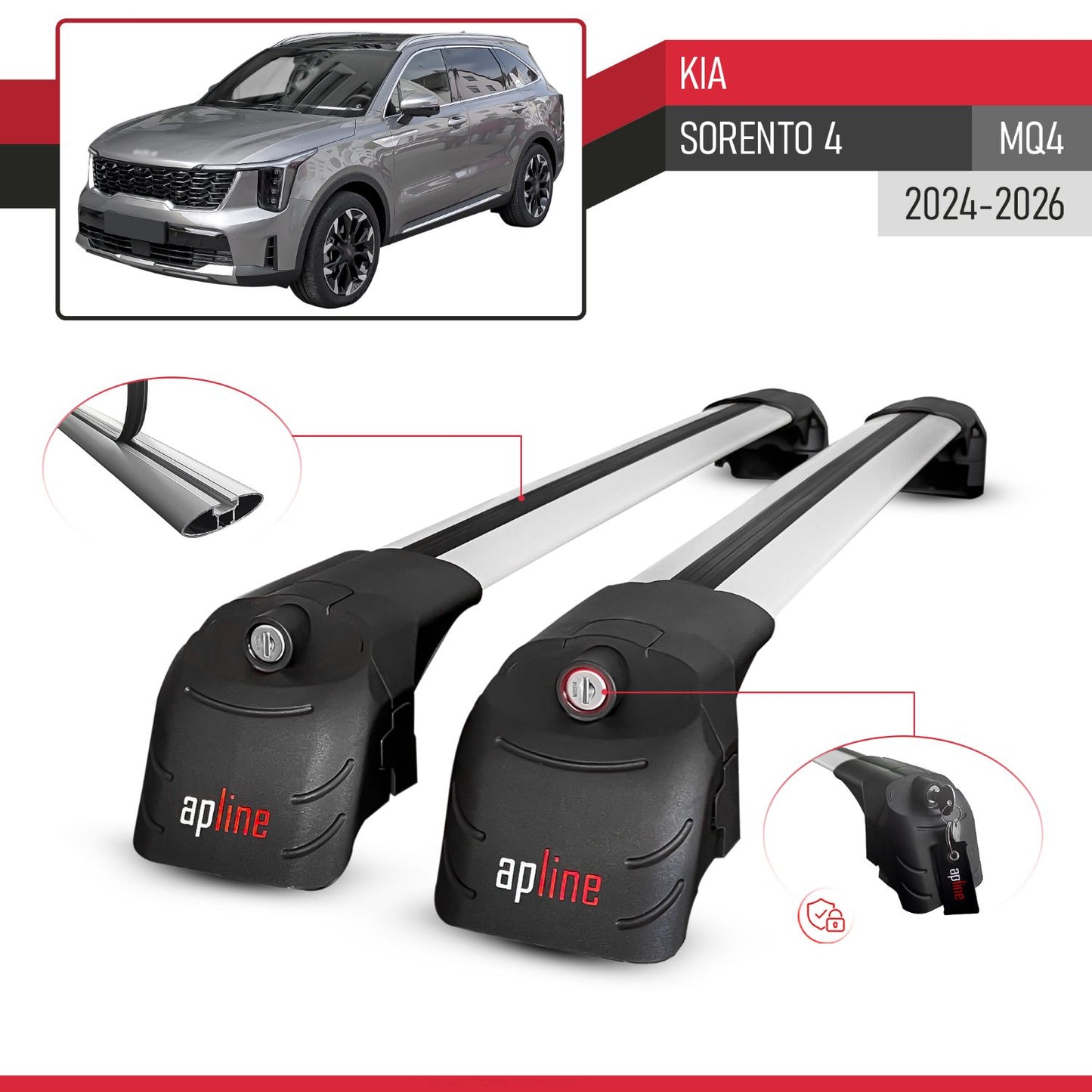 Compatible with Kia Sorento 4 (MQ4) 2021-2025 ACE-2 Car Roof Rack Cross Bar Grey Aluminium 2 Bars