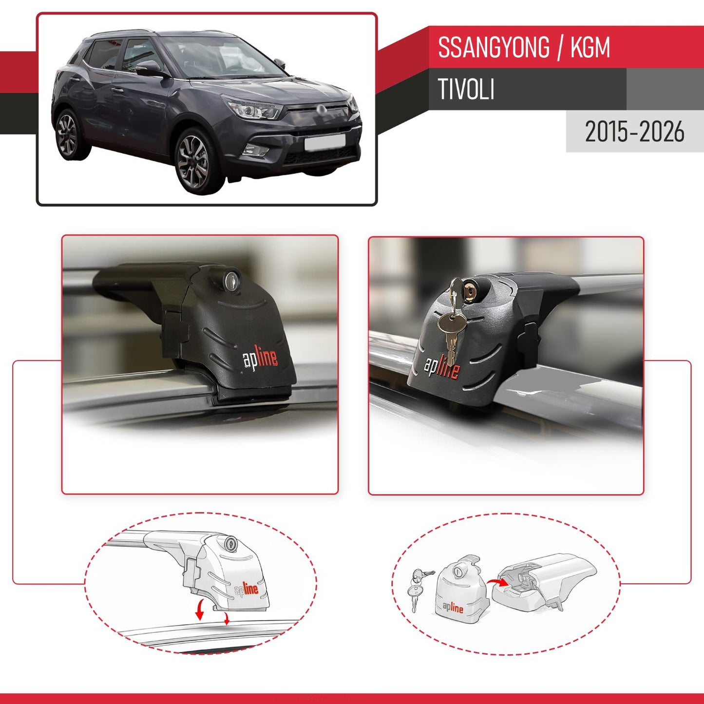 Compatible with Ssangyong Tivoli 2015-2025 ACE-2 Car Roof Rack Cross Bar Grey Aluminium 2 Bars