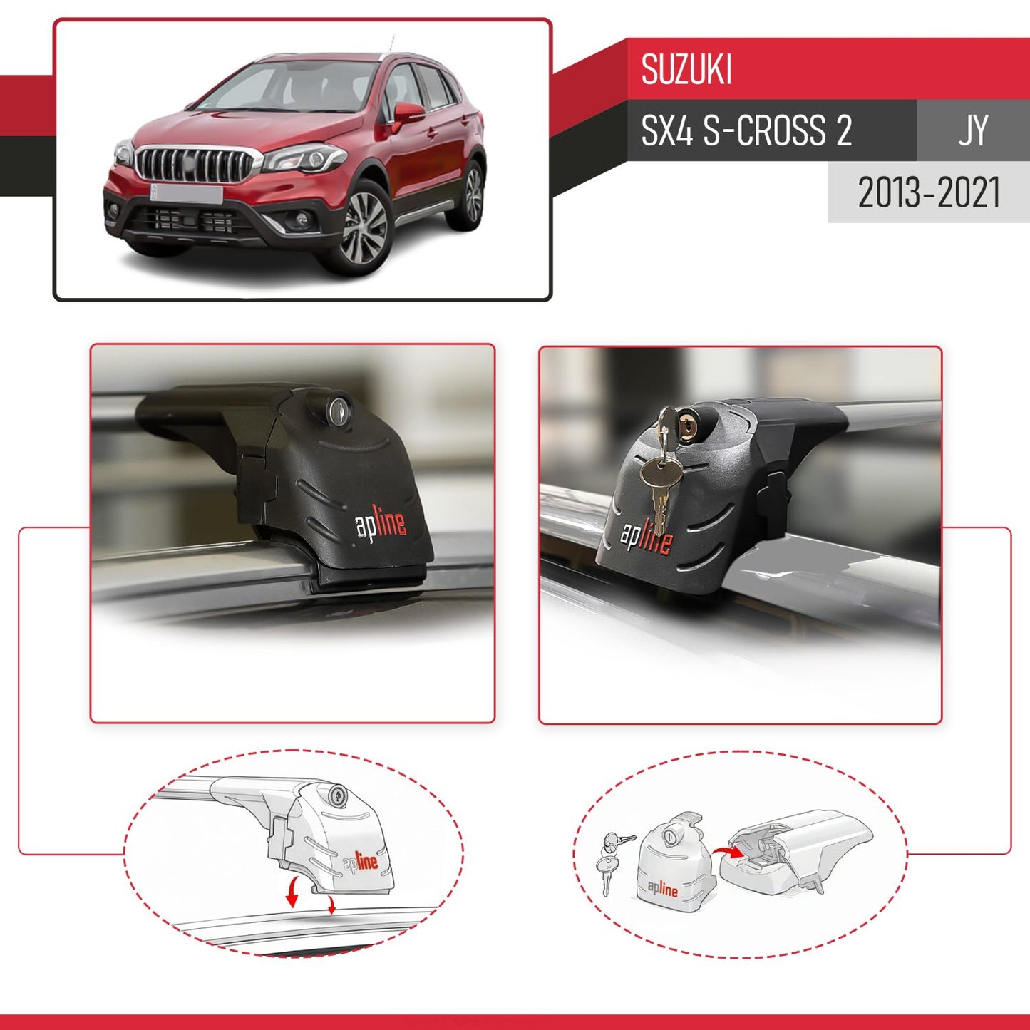 Compatible with Suzuki SX4 S-Cross 3 (JYB) 2013-2021 ACE-2 Car Roof Rack Cross Bar Grey Aluminium 2 Bars