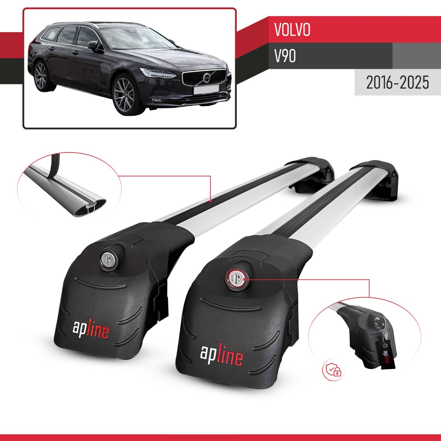 Compatible with Volvo V90 2017-2025 ACE-2 Car Roof Rack Cross Bar Grey Aluminium 2 Bars