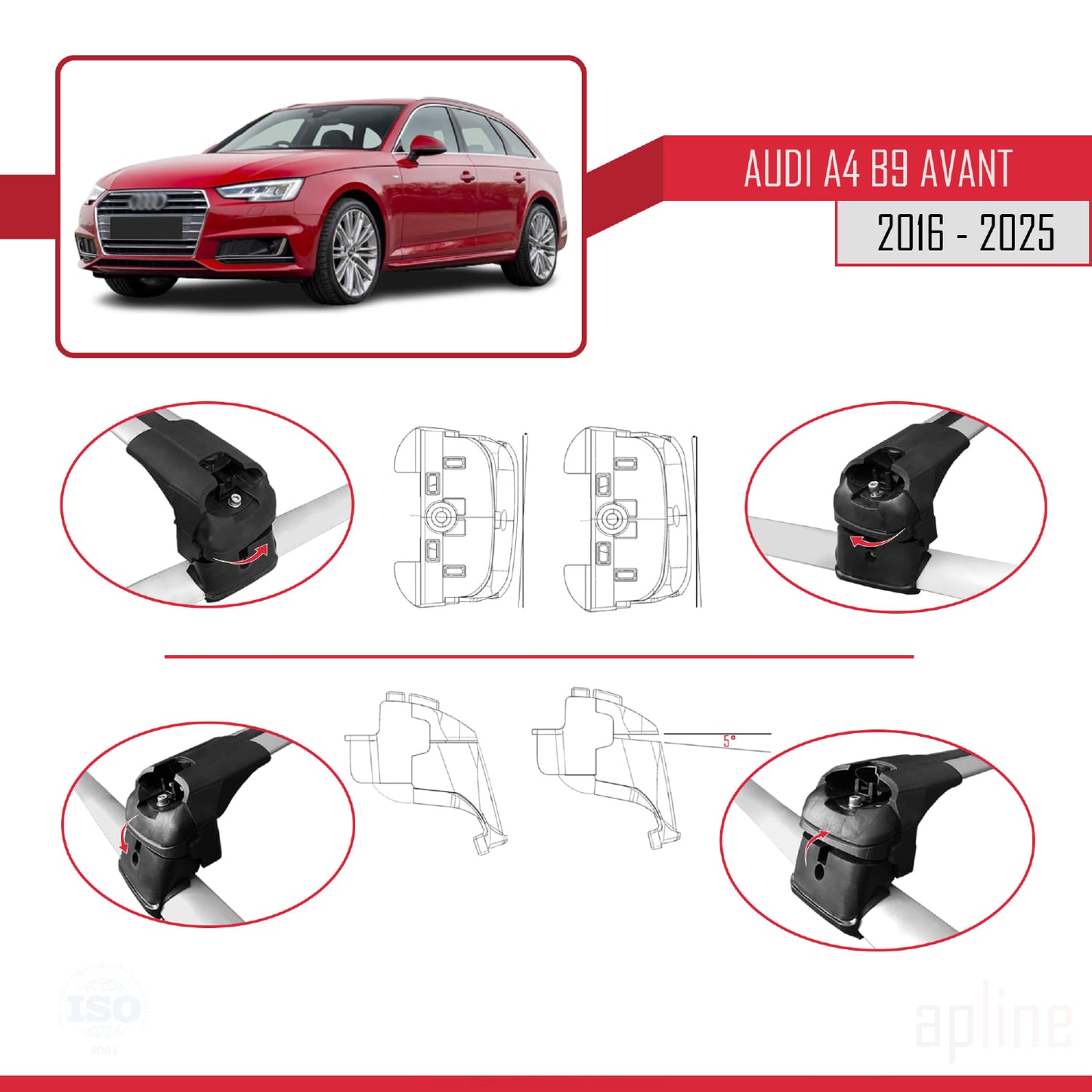 Kompatibel mit A4 (B9) Avant 2016-2025 ACE-2 Dachgepäckträger, graues Aluminium, 2 Stangen