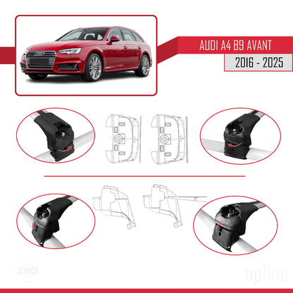 Kompatibel mit A4 (B9) Avant 2016-2025 ACE-2 Dachgepäckträger, graues Aluminium, 2 Stangen