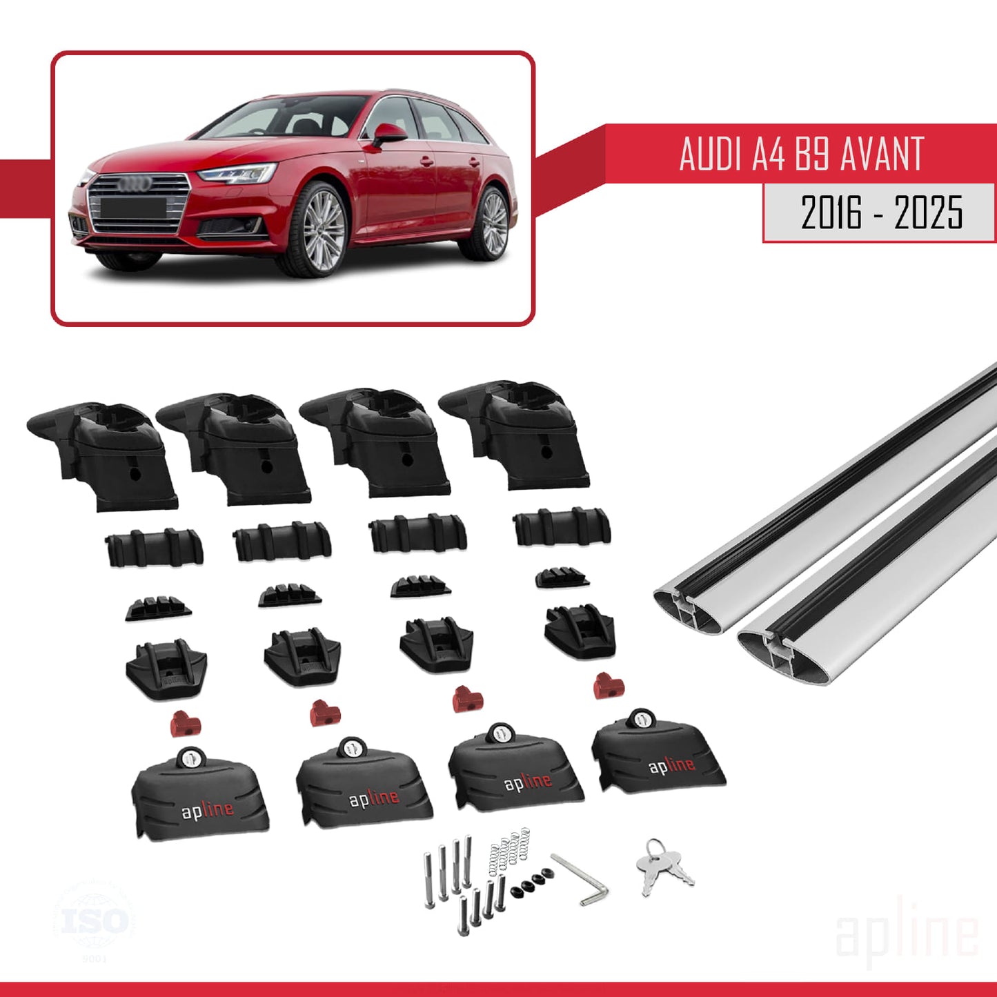Kompatibel mit A4 (B9) Avant 2016-2025 ACE-2 Dachgepäckträger, graues Aluminium, 2 Stangen