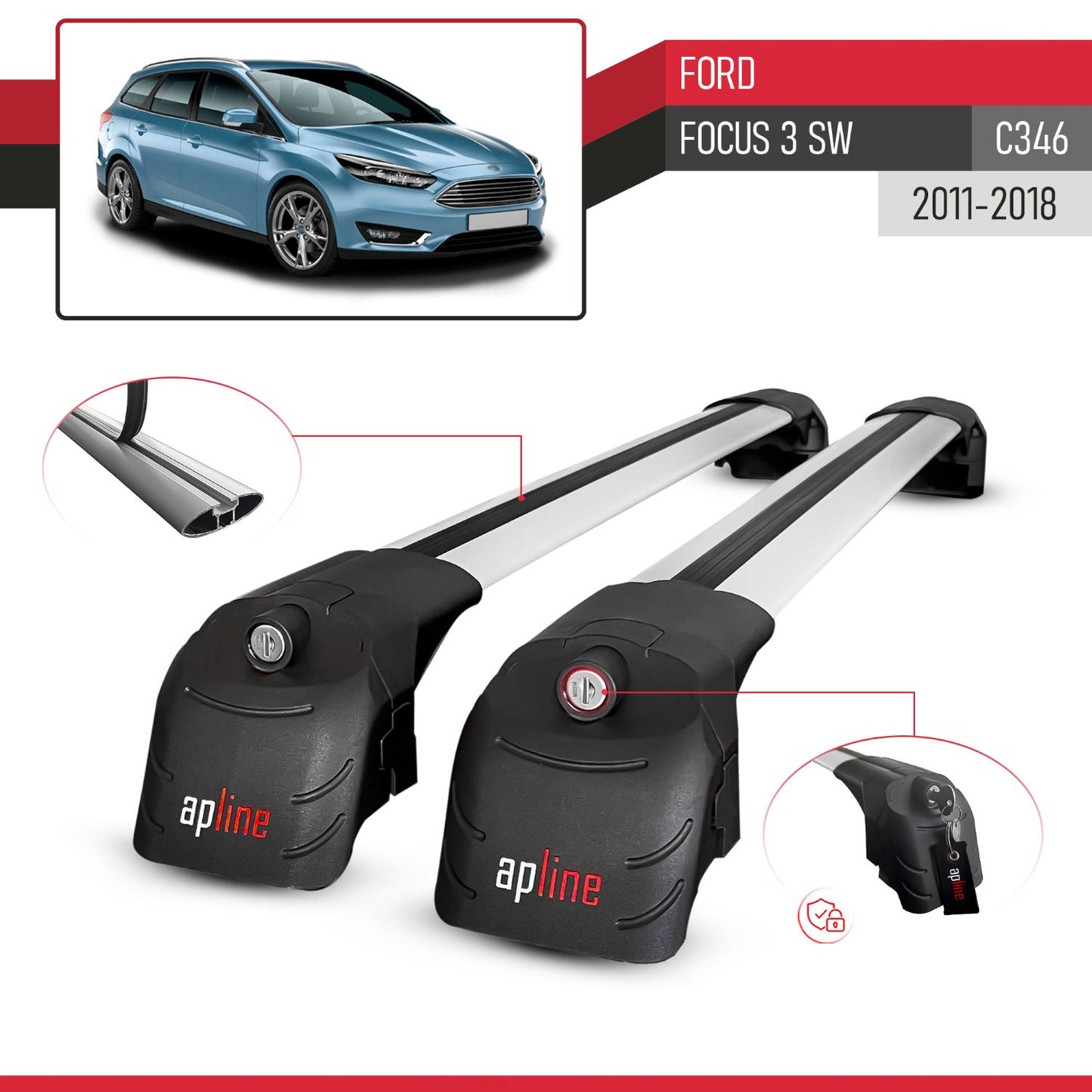 Compatibile con Ford Focus 3 (C346) SW 2011-2018 ACE-2 Barre Tetto Portapacchi Auto Barre Portatutto Grigo Alluminio 2 Barre