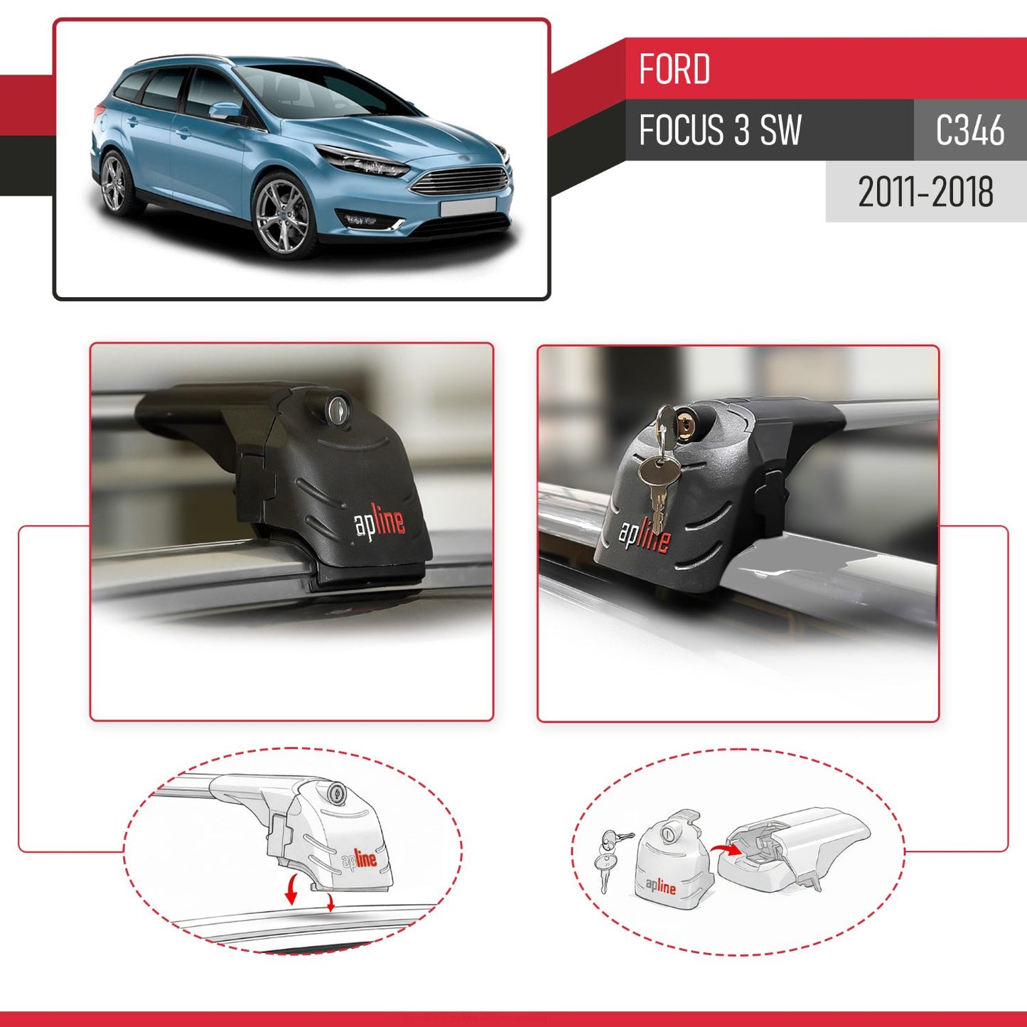 Compatibile con Ford Focus 3 (C346) SW 2011-2018 ACE-2 Barre Tetto Portapacchi Auto Barre Portatutto Grigo Alluminio 2 Barre