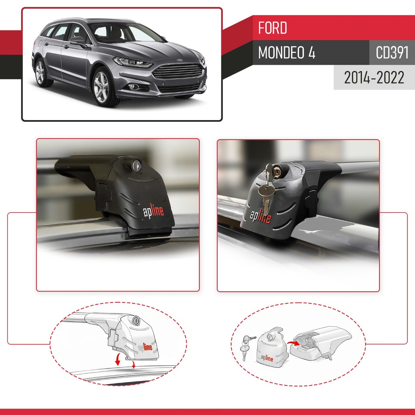 Compatibile con Ford Mondeo 4 (CD391) 2014-2022 ACE-2 Barre Tetto Portapacchi Auto Barre Portatutto Grigo Alluminio 2 Barre