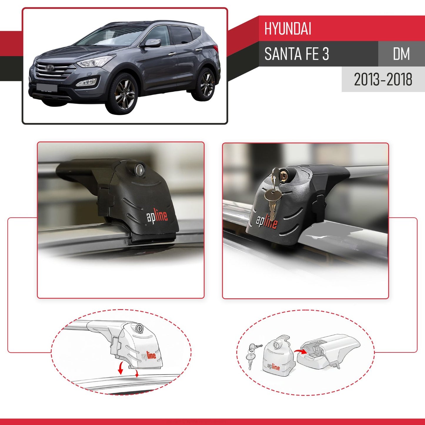 Compatibile con Hyundai Santa Fe 3 (DM) 2013-2018 ACE-2 Barre Tetto Portapacchi Auto Barre Portatutto Grigo Alluminio 2 Barre