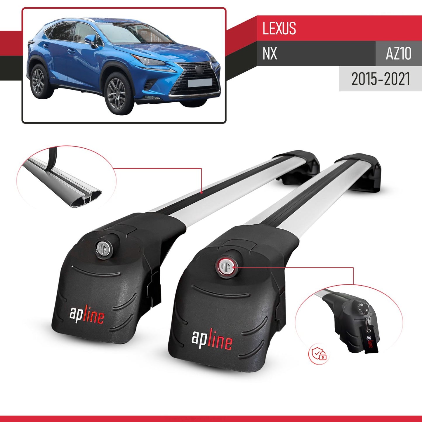 Compatible with Lexus NX (AZ10) 2015-2021 ACE-2 Car Roof Rack Cross Bar Grey Aluminium 2 Bars