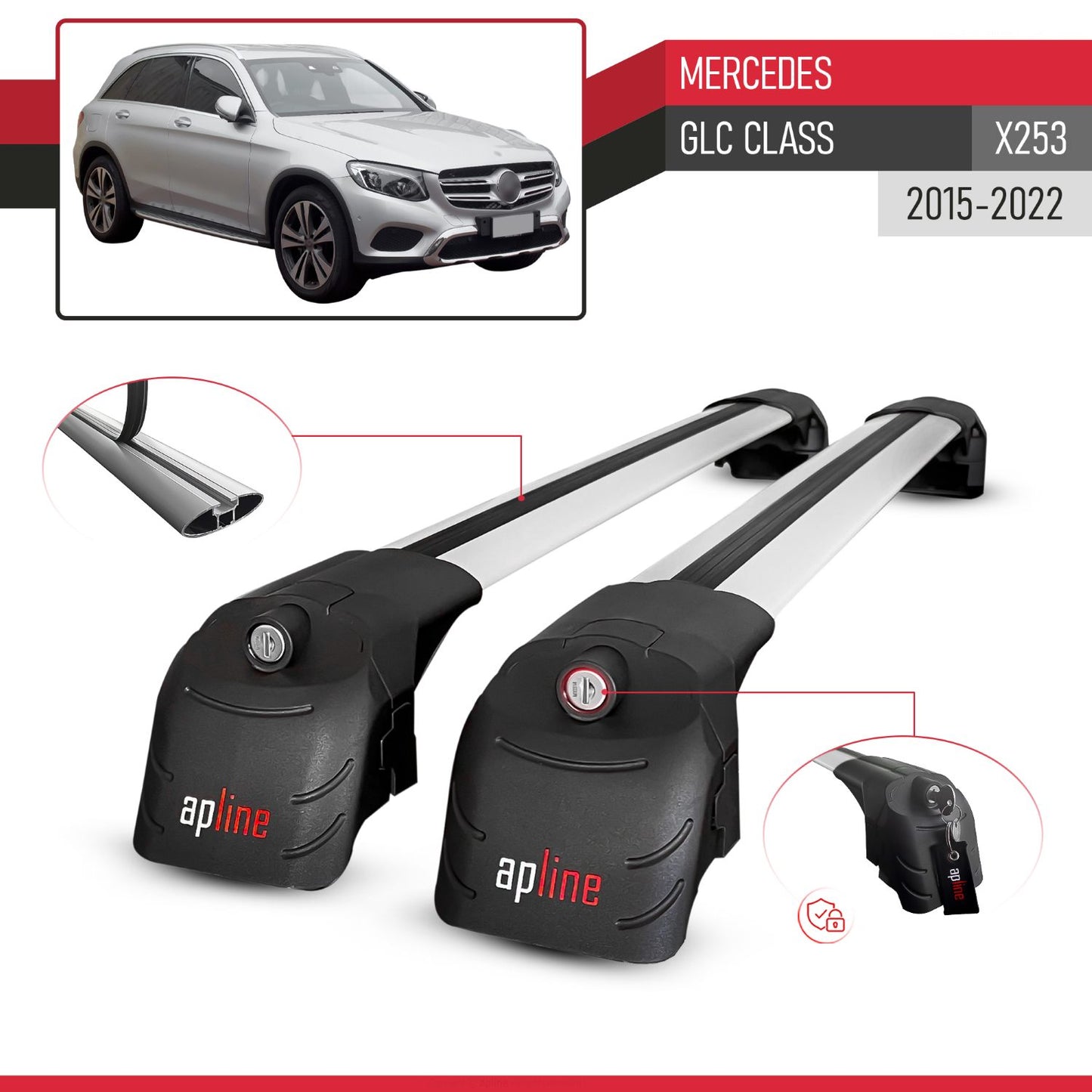 Compatible with Mercedes GLC Class (X253) 2016-2022 ACE-2 Car Roof Rack Cross Bar Grey Aluminium 2 Bars