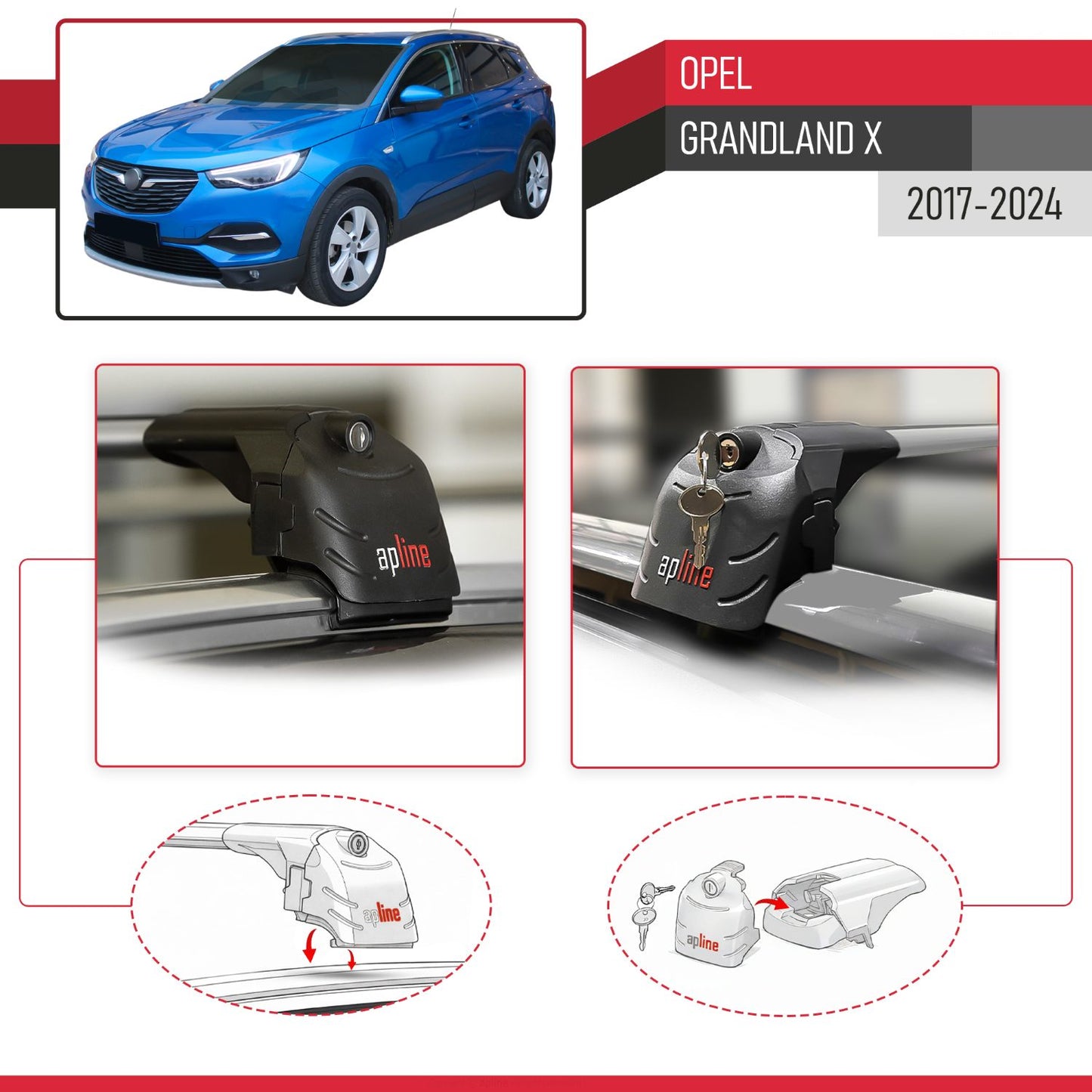 Compatible with Opel Grandland X 2018-2021 ACE-2 Car Roof Rack Cross Bar Grey Aluminium 2 Bars
