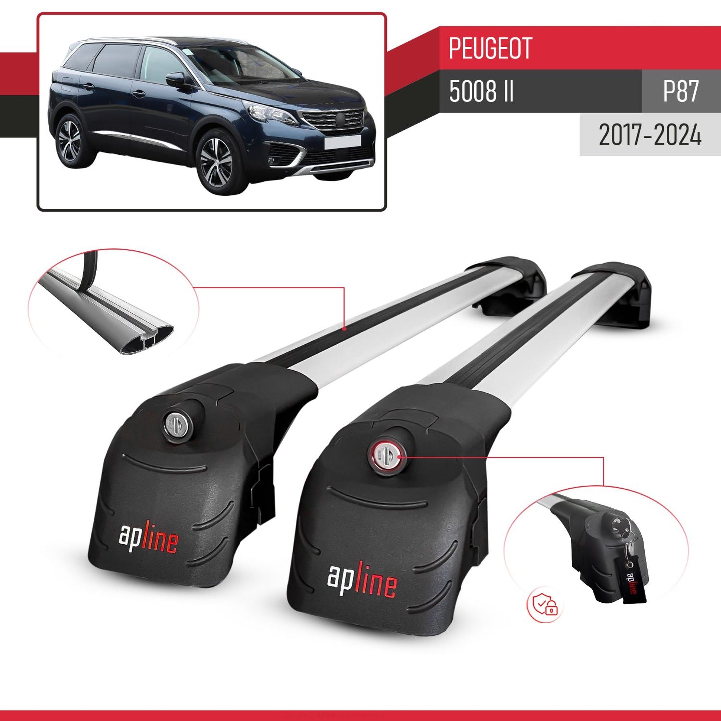 Compatibile con Peugeot 5008 II (P87) 2017-2024 ACE-2 Barre Tetto Portapacchi Auto Barre Portatutto Grigo Alluminio 2 Barre