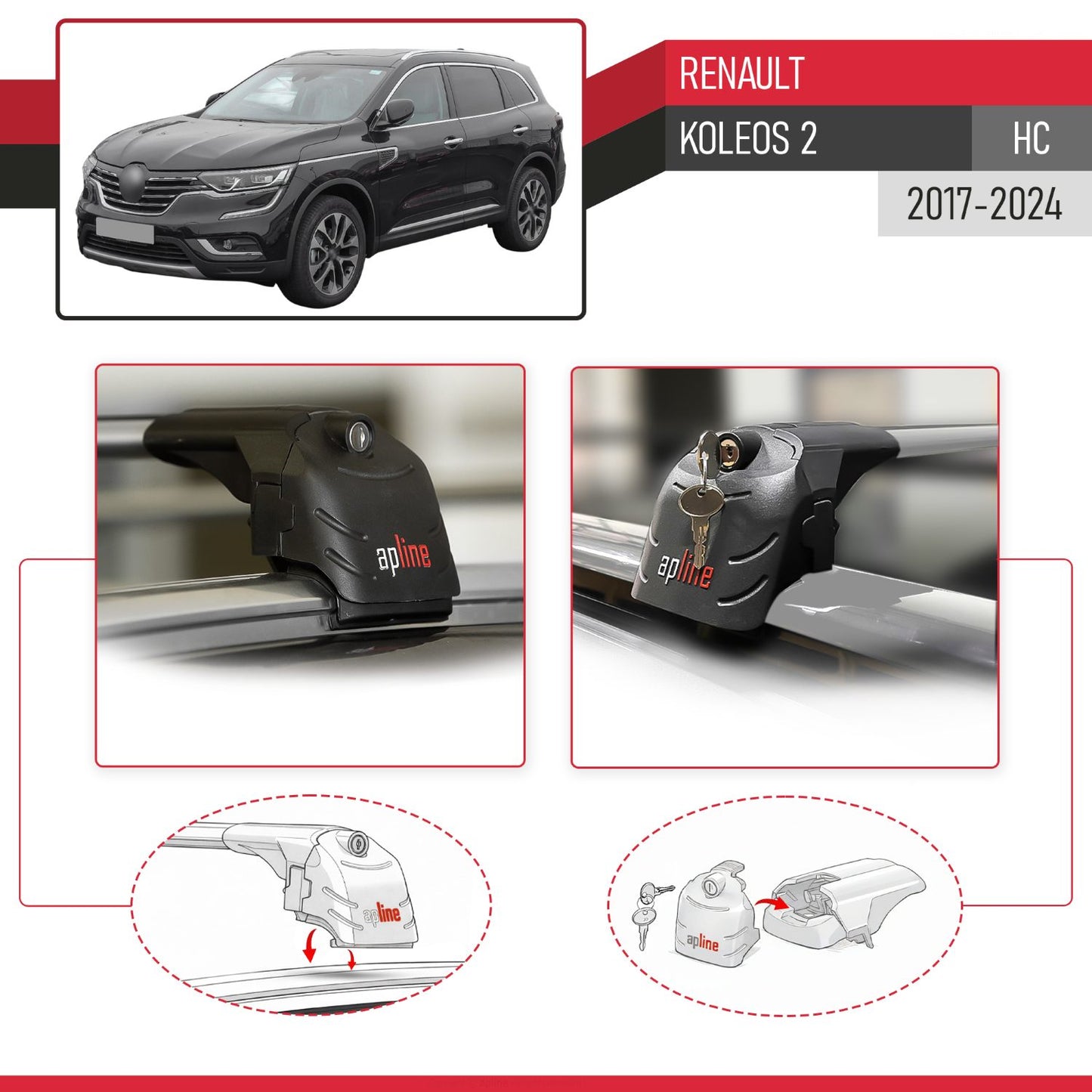 Compatibile con Renault Koleos 2 (HC) 2017-2024 ACE-2 Barre Tetto Portapacchi Auto Barre Portatutto Grigo Alluminio 2 Barre