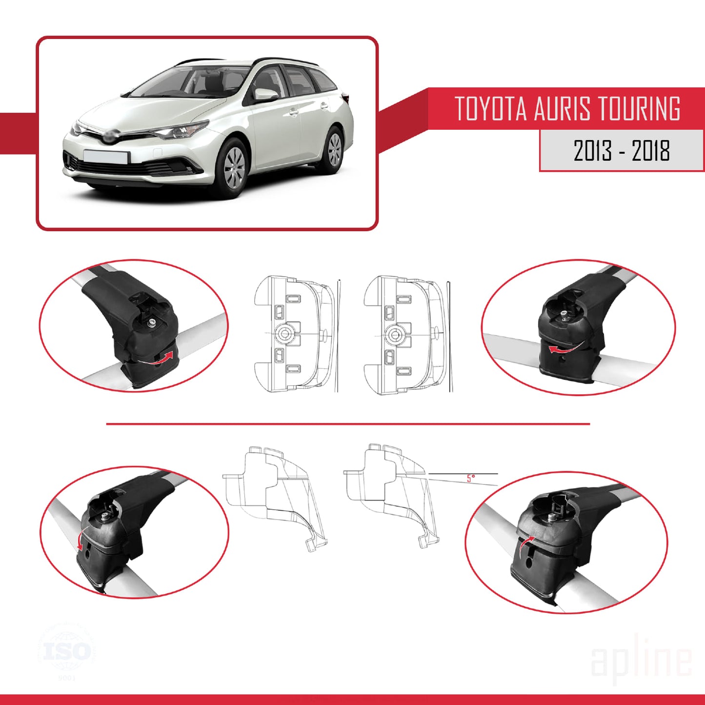 Compatible avec Toyota Auris 2 (E180) Touring Sports 2013-2018 ACE-2 Barres de Toit Railing Porte-Bagages de Voiture Gris Aluminium 2 Barres