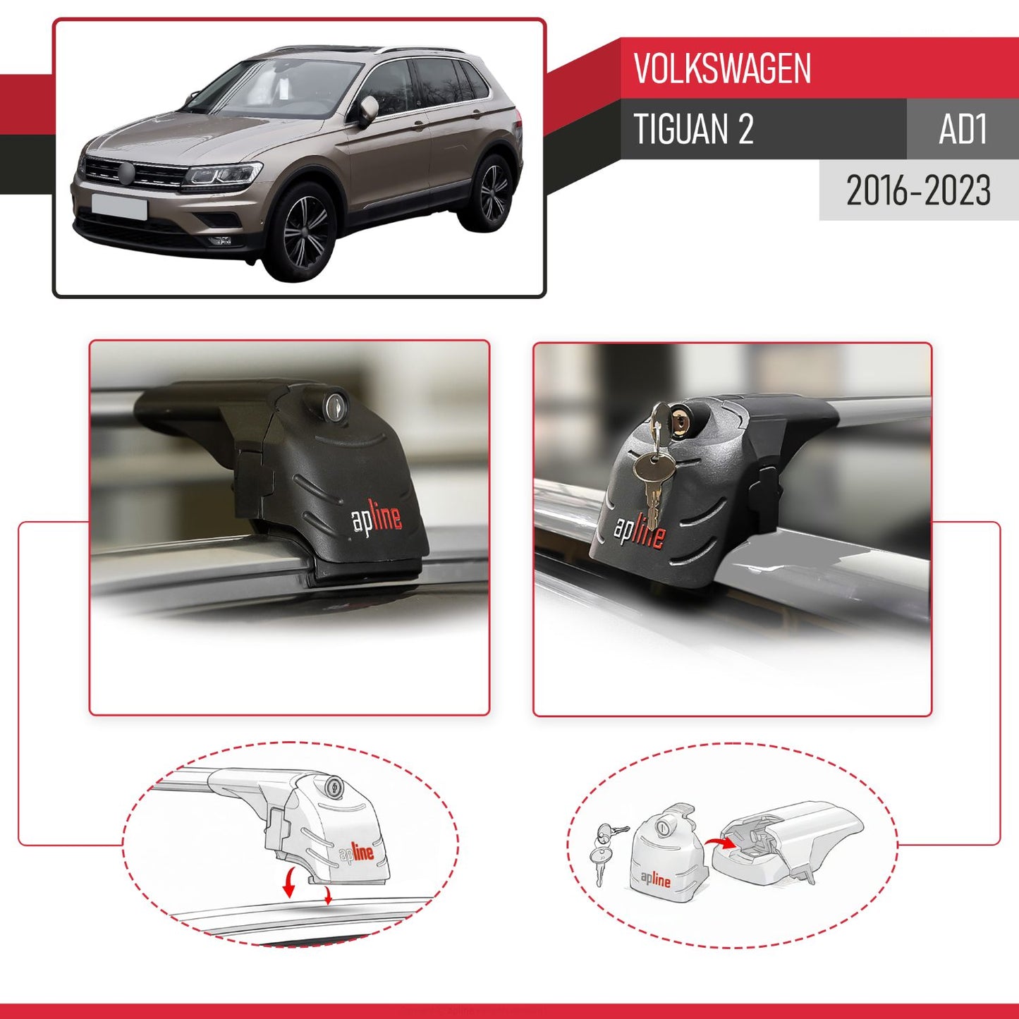 Compatible with Volkswagen Tiguan 2 (AD1) 2016-2023 ACE-2 Car Roof Rack Cross Bar Grey Aluminium 2 Bars