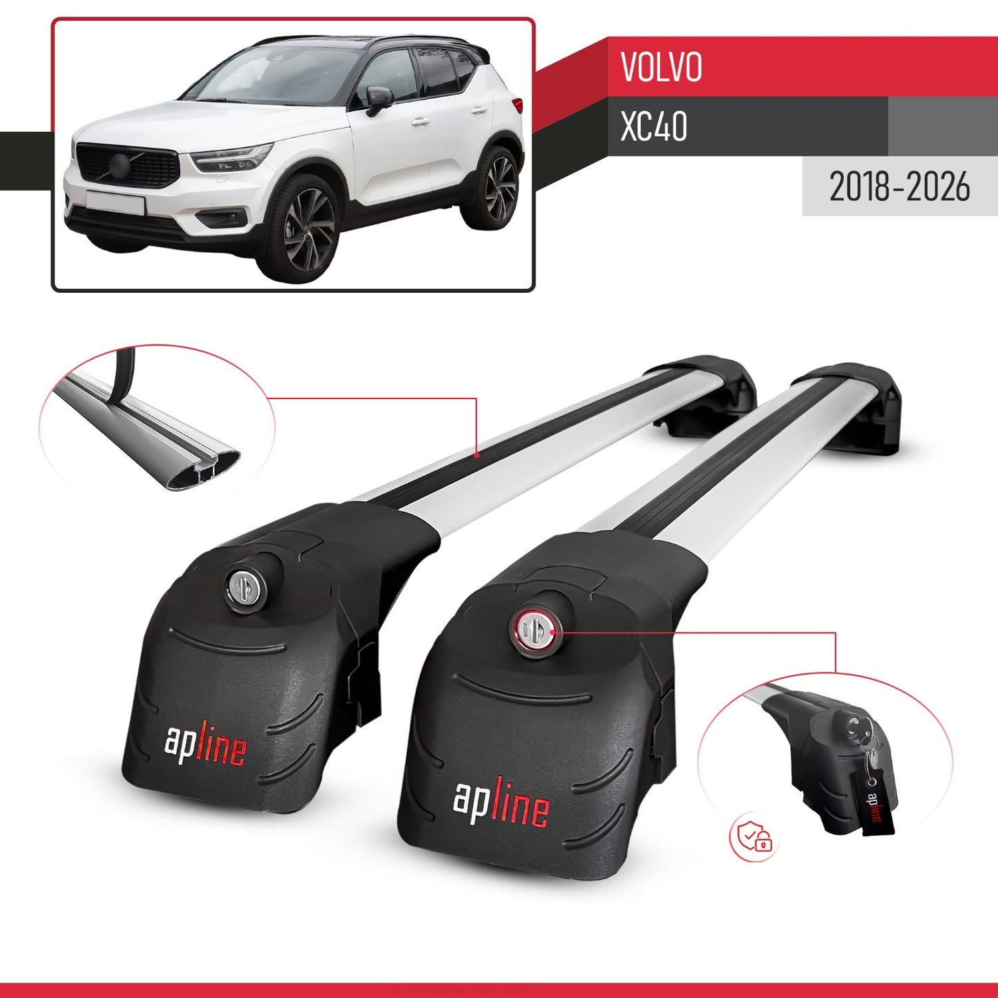Compatibile con Volvo XC40 2018-2025 ACE-2 Barre Tetto Portapacchi Auto Barre Portatutto Grigo Alluminio 2 Barre
