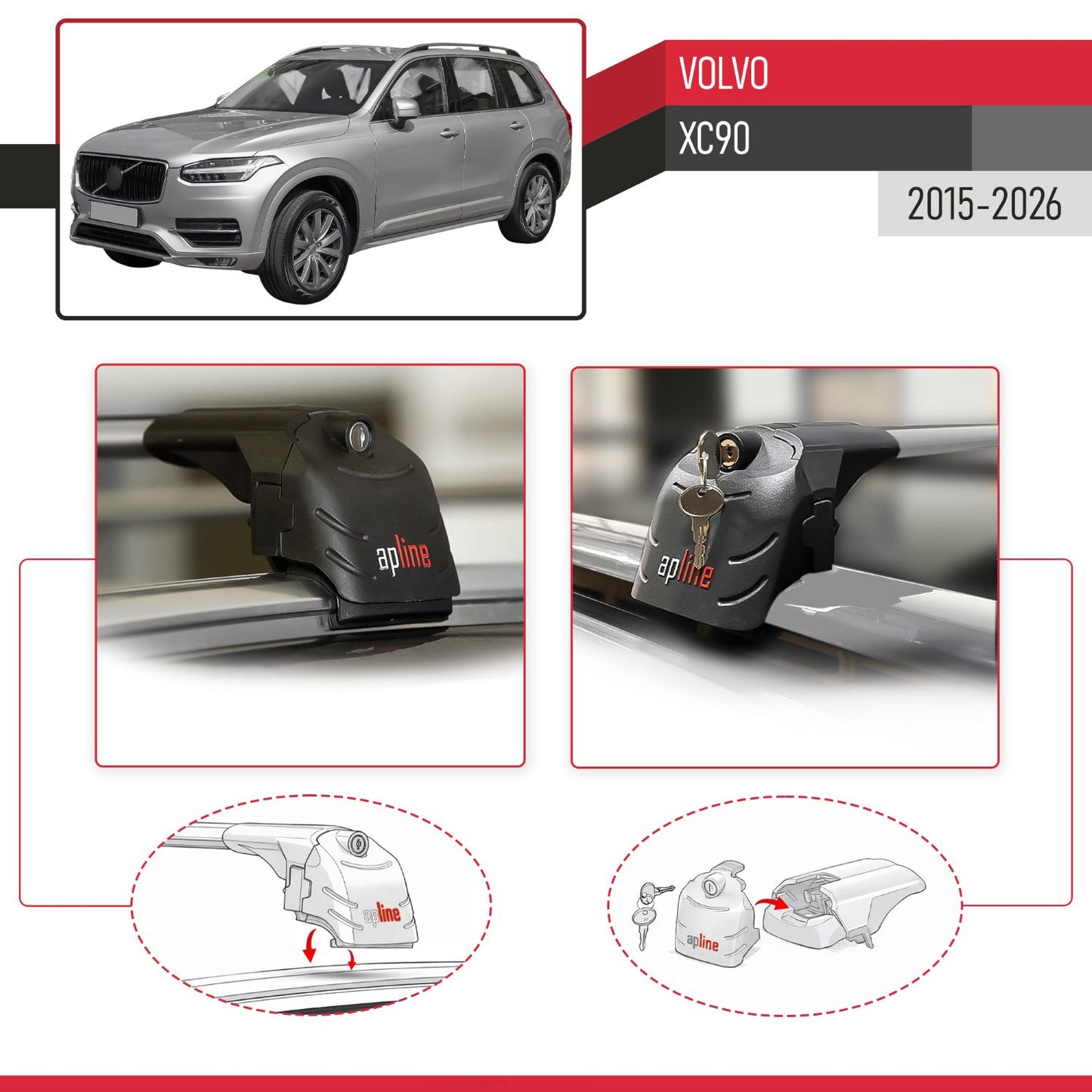 Compatibile con Volvo XC90 II 2015-2025 ACE-2 Barre Tetto Portapacchi Auto Barre Portatutto Grigo Alluminio 2 Barre