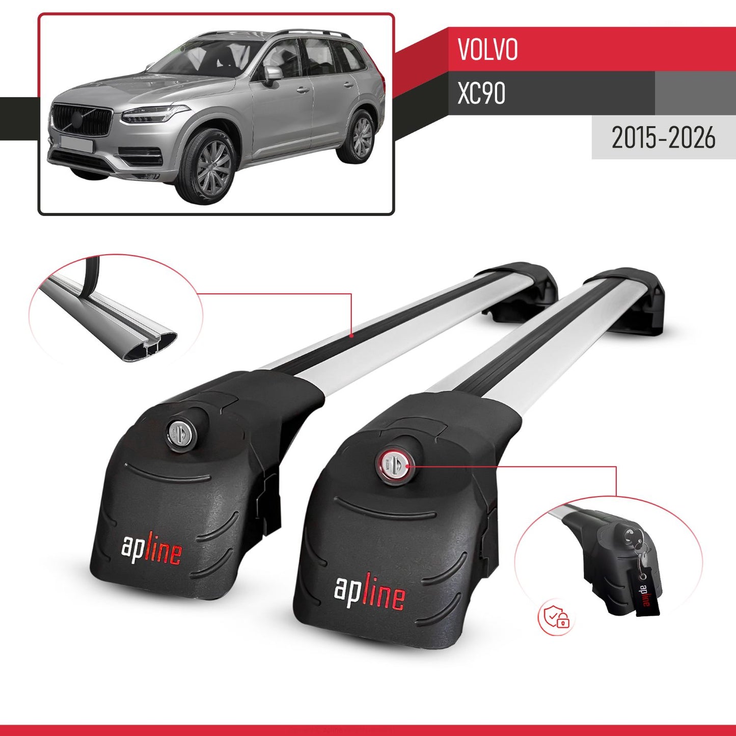 Compatibile con Volvo XC90 II 2015-2025 ACE-2 Barre Tetto Portapacchi Auto Barre Portatutto Grigo Alluminio 2 Barre