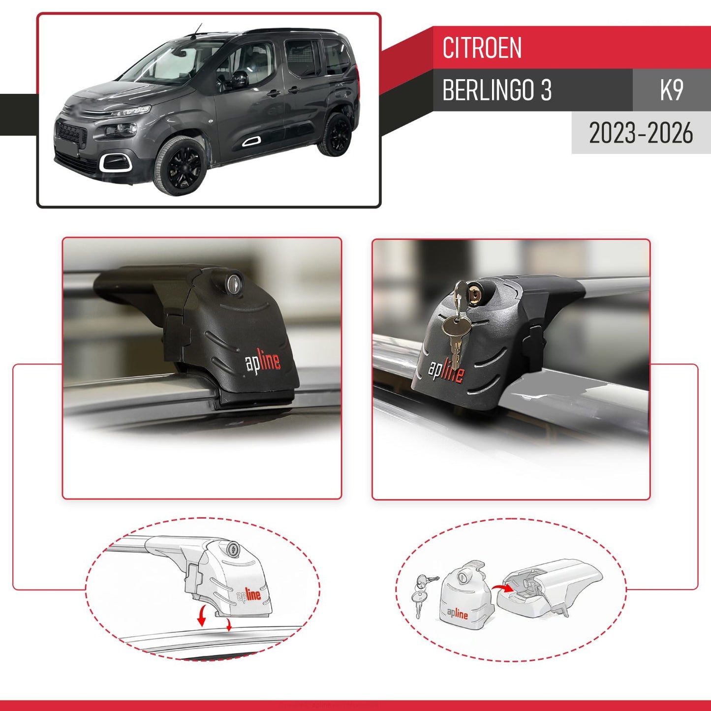 Compatible with Citroen Berlingo 3 (K9) 2023-2025 ACE-2 Car Roof Rack Cross Bar Grey Aluminium 2 Bars
