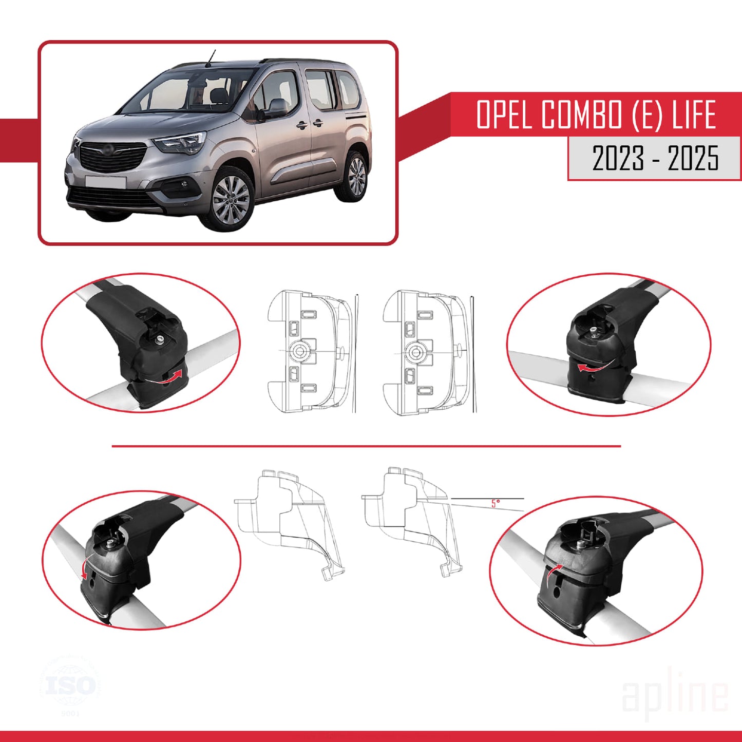 Compatible avec Opel Combo E Life 2023-2025 ACE-2 Barres de Toit Railing Porte-Bagages de Voiture Gris Aluminium 2 Barres