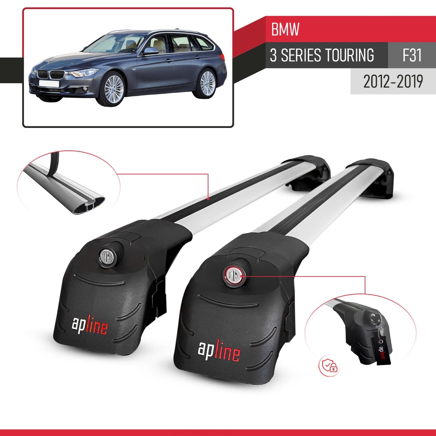 Compatibile con BMW Serie 3 (F31) Touring 2012-2019 ACE-2 Barre Tetto Portapacchi Auto Barre Portatutto Grigo Alluminio 2 Barre