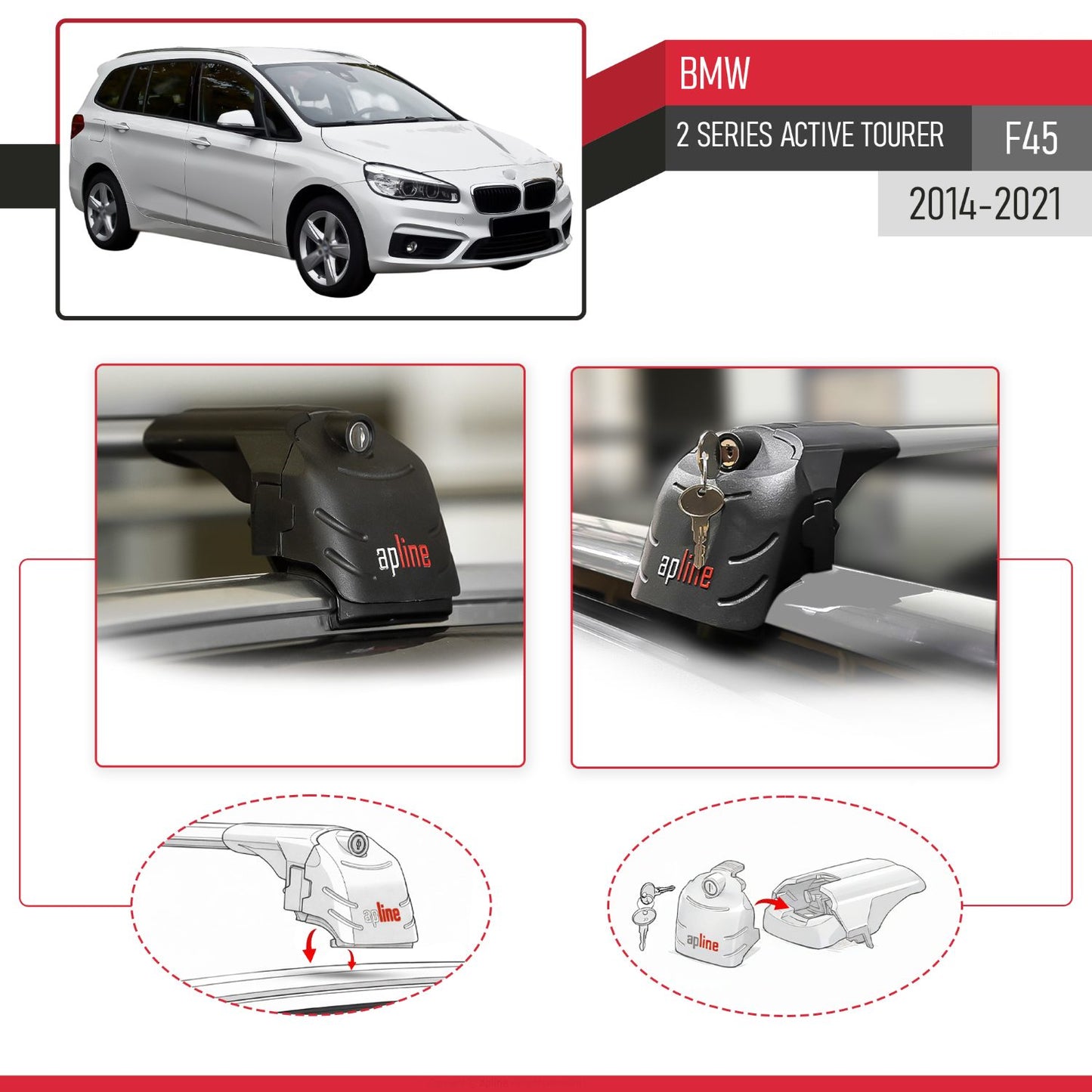 Compatibile con BMW Serie 2 (F45) Active Tourer 2014-2021 ACE-2 Barre Tetto Portapacchi Auto Barre Portatutto Grigo Alluminio 2 Barre