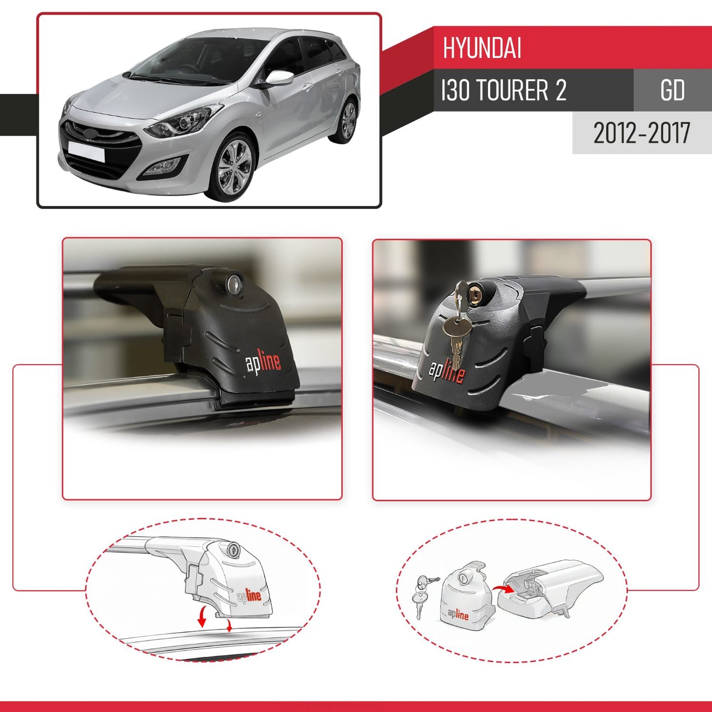Compatibile con Hyundai i30 2 (GD) Tourer 2012-2016 ACE-2 Barre Tetto Portapacchi Auto Barre Portatutto Grigo Alluminio 2 Barre