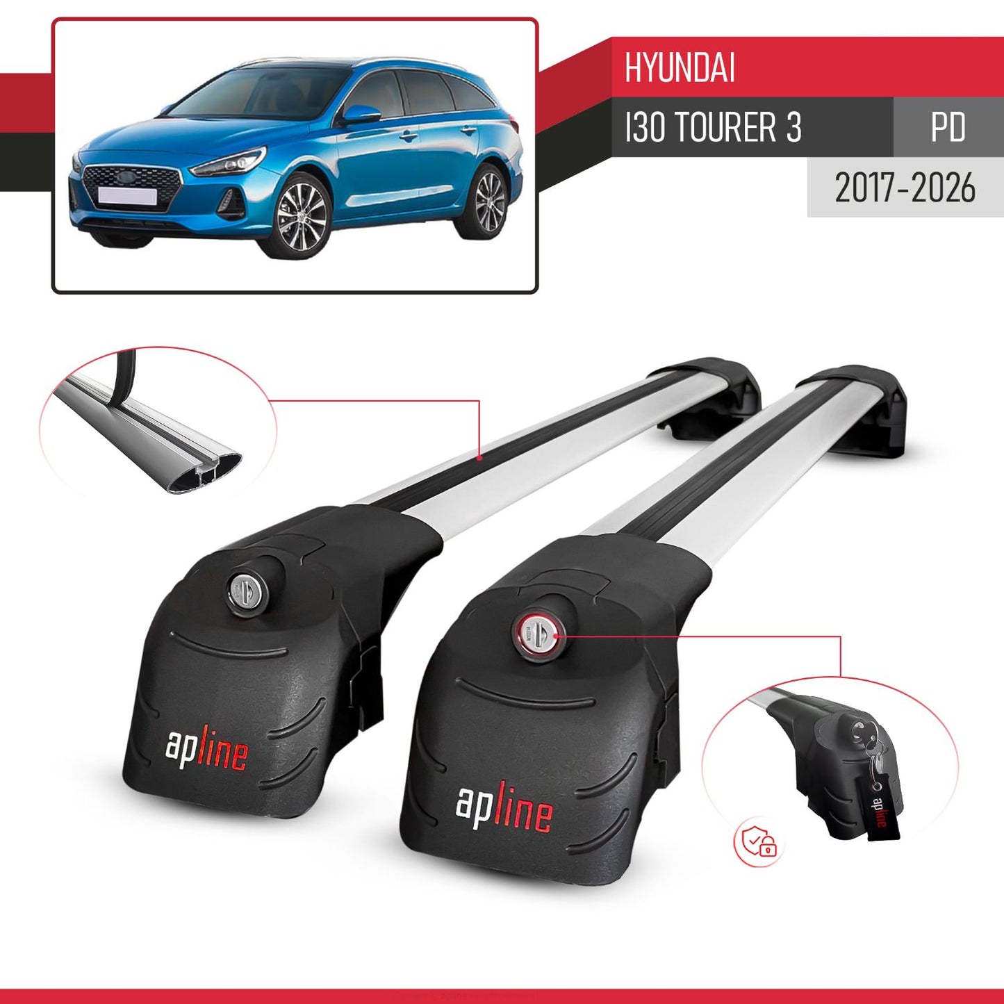 Compatibile con Hyundai i30 3 (PD) Tourer 2017-2025 ACE-2 Barre Tetto Portapacchi Auto Barre Portatutto Grigo Alluminio 2 Barre