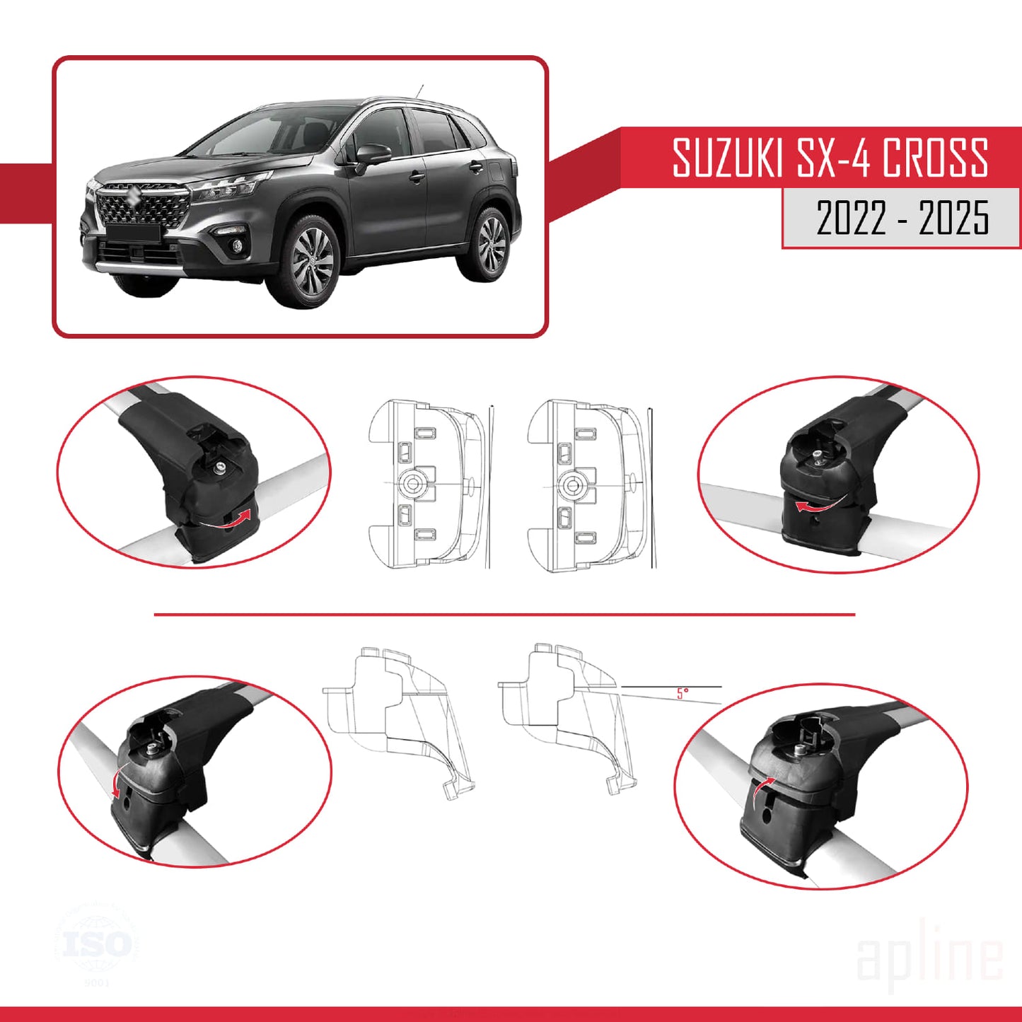 Compatible avec Suzuki SX4 S-Cross 4 (JY) 2022-2025 ACE-2 Barres de Toit Railing Porte-Bagages de Voiture Gris Aluminium 2 Barres