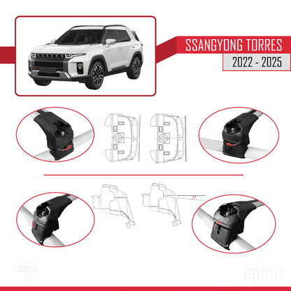 Compatible avec SsangYong Torres 2022-2025 ACE-2 Barres de Toit Railing Porte-Bagages de Voiture Gris Aluminium 2 Barres
