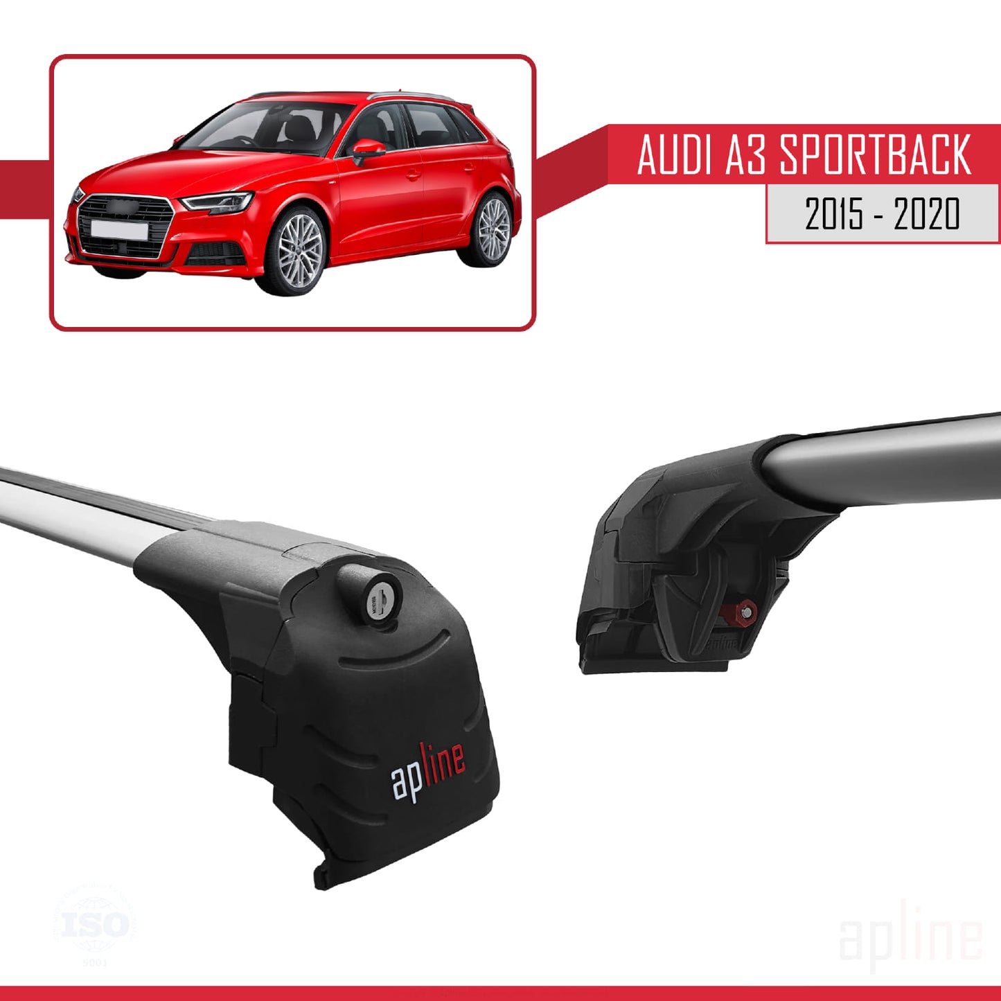 Kompatibel mit Audi A3 Sportback 2015-2020 ACE-2 Dachgepäckträger, Reling, Gepäckträger, graues Aluminium, 2 Stangen