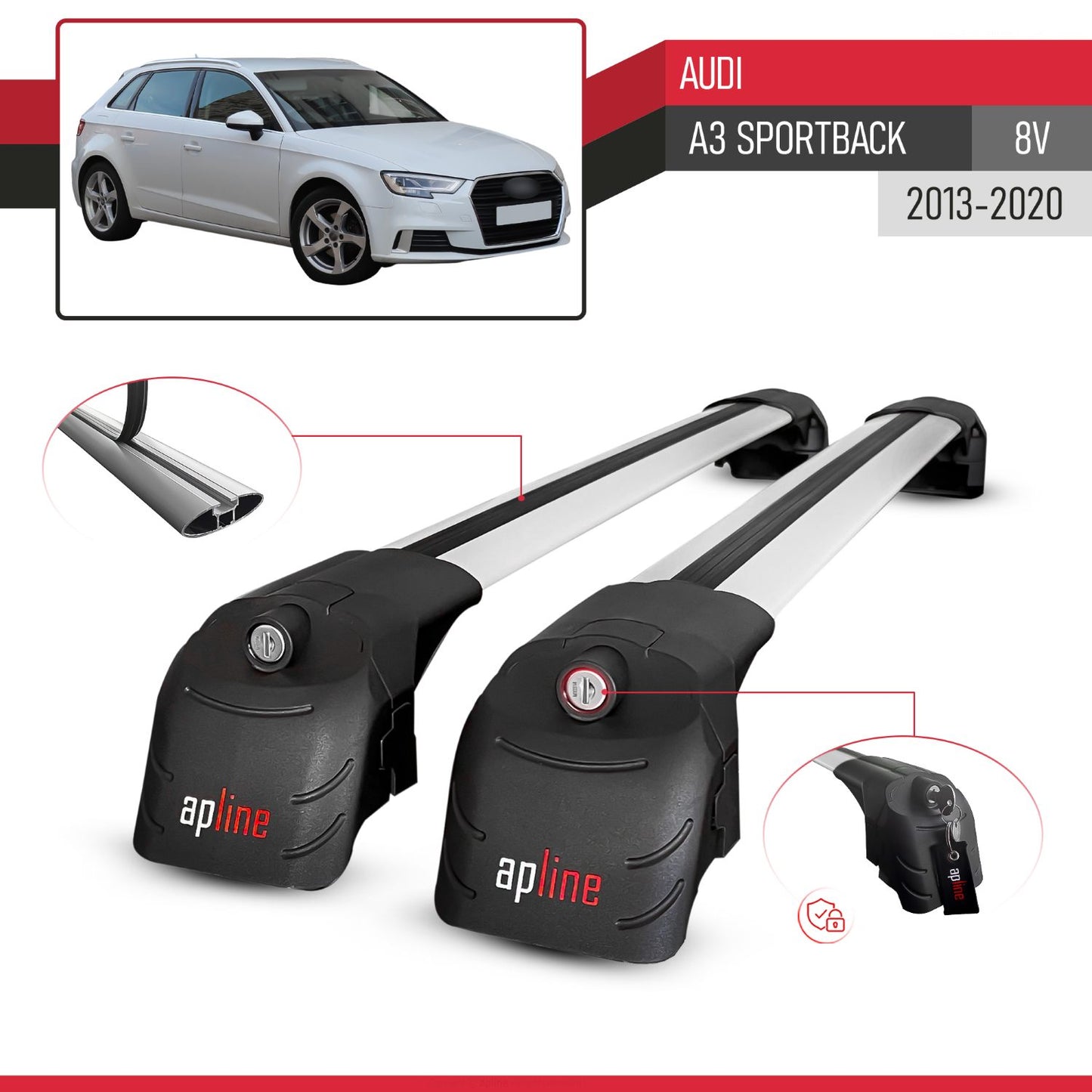 Compatibile con Audi A3 Sportback 2015-2020 ACE-2 Barre Tetto Portapacchi Auto Barre Portatutto Grigo Alluminio 2 Barre