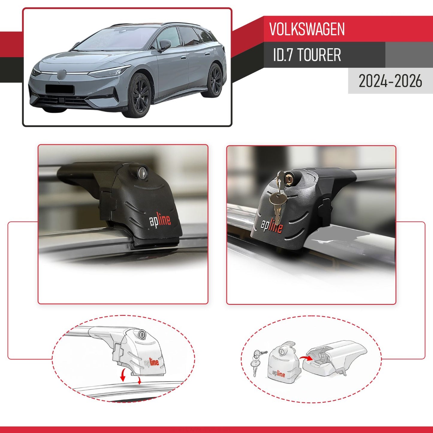 Compatible with Volkswagen ID.7 Tourer 2024-2025 ACE-2 Car Roof Rack Cross Bar Grey Aluminium 2 Bars