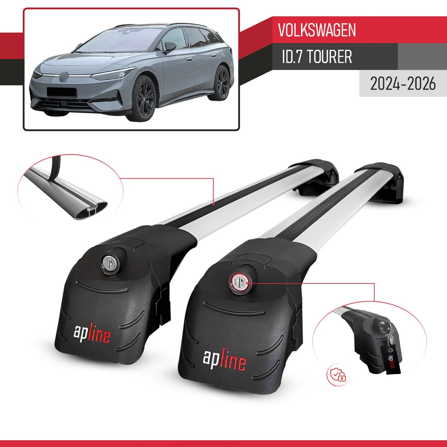 Compatible with Volkswagen ID.7 Tourer 2024-2025 ACE-2 Car Roof Rack Cross Bar Grey Aluminium 2 Bars