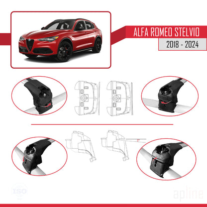 Kompatibel mit Alfa Romeo Stelvio 2018-2024 ACE-2 Dachgepäckträger, Reling, Gepäckträger, graues Aluminium, 2 Stangen