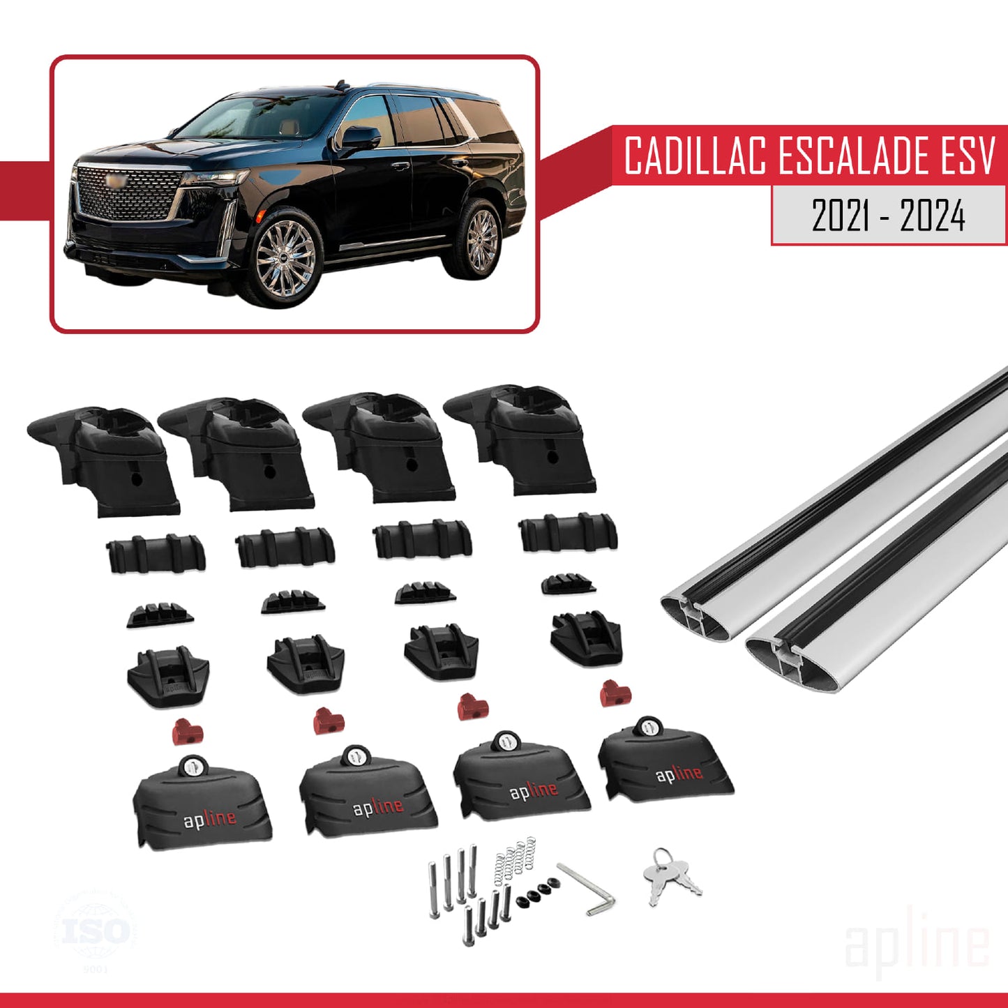 Kompatibel mit Cadillac Escalade ESV 2021-2024 ACE-2 Dachgepäckträger, Reling, Gepäckträger, graues Aluminium, 2 Stangen