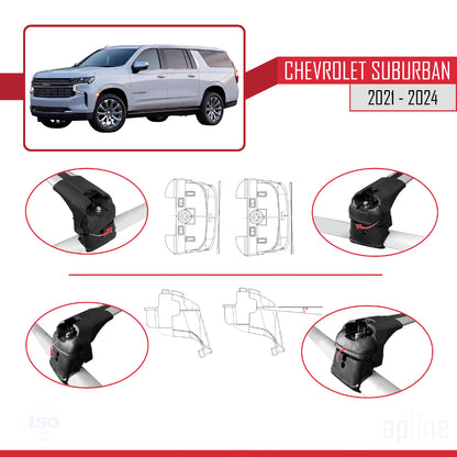 Kompatibel mit Chevrolet Suburban 2021-2024 ACE-2 Dachreling Gepäckträger Graues Aluminium 2 Stangen