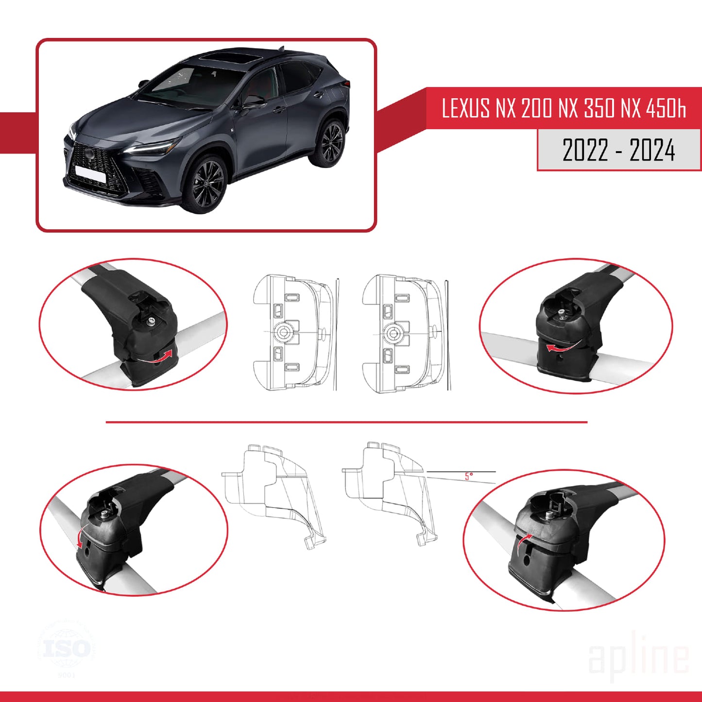 Compatible with Lexus NX 200 NX 350 NX 450H 2022-2024 ACE-2 Car Roof Rack Cross Bar Grey Aluminium 2 Bars