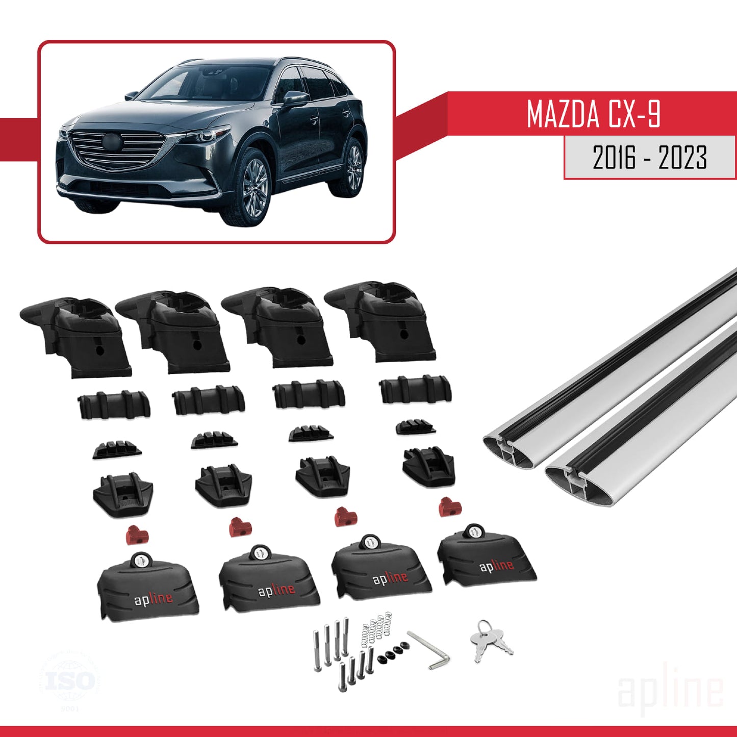 Compatible with Mazda CX-9 2016-2023 ACE-2 Car Roof Rack Cross Bar Grey Aluminium 2 Bars